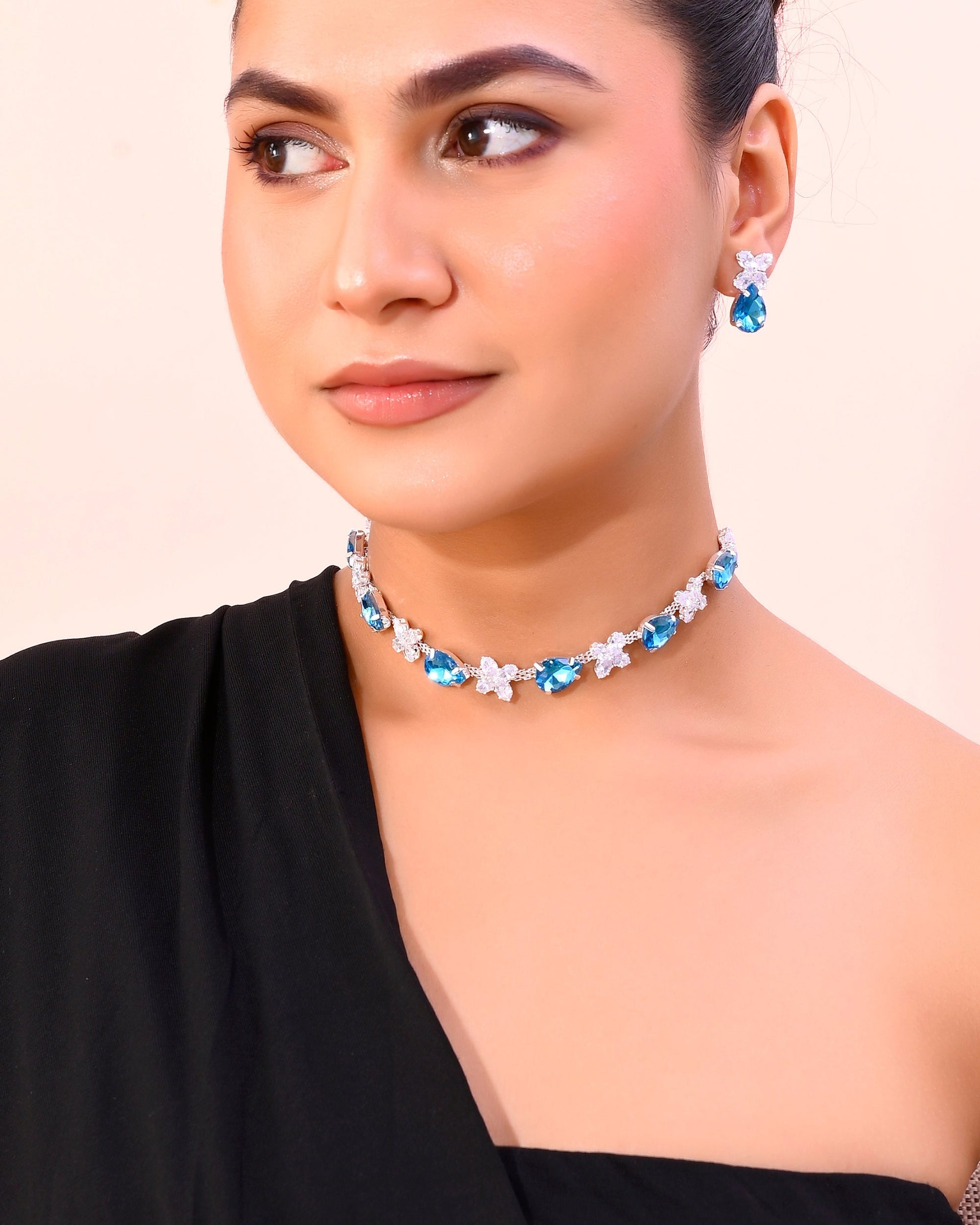 VOJ Silver Plated Blue And White Stone Studded Necklace with Earrings Set VOJ (Valley Of Jewellery)
