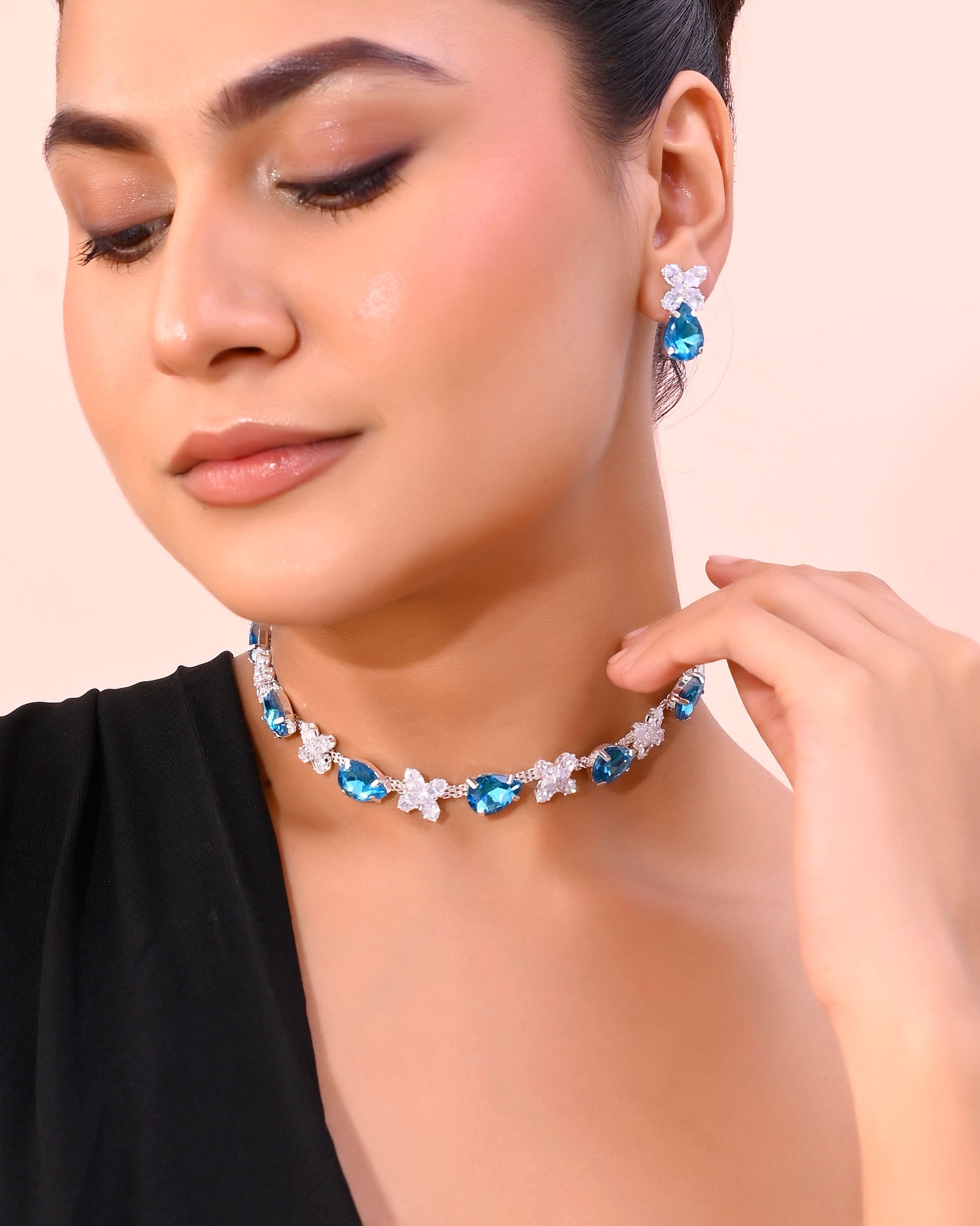 VOJ Silver Plated Blue And White Stone Studded Necklace with Earrings Set VOJ (Valley Of Jewellery)