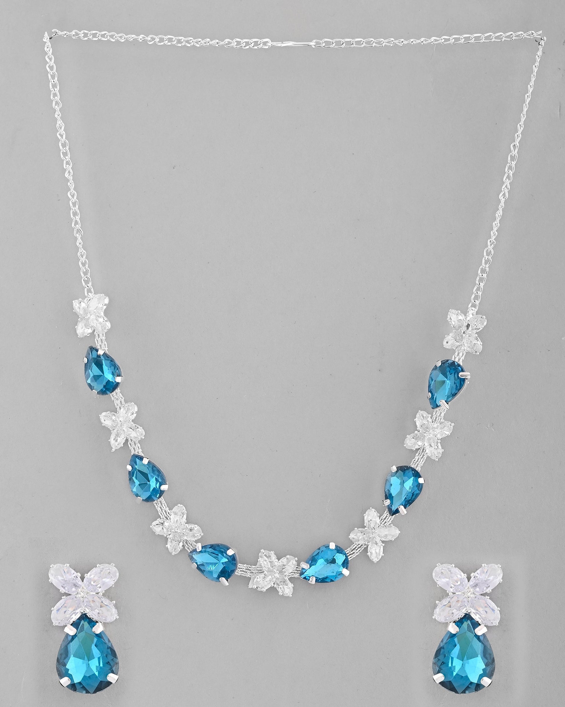 VOJ Silver Plated Blue And White Stone Studded Necklace with Earrings Set VOJ (Valley Of Jewellery)
