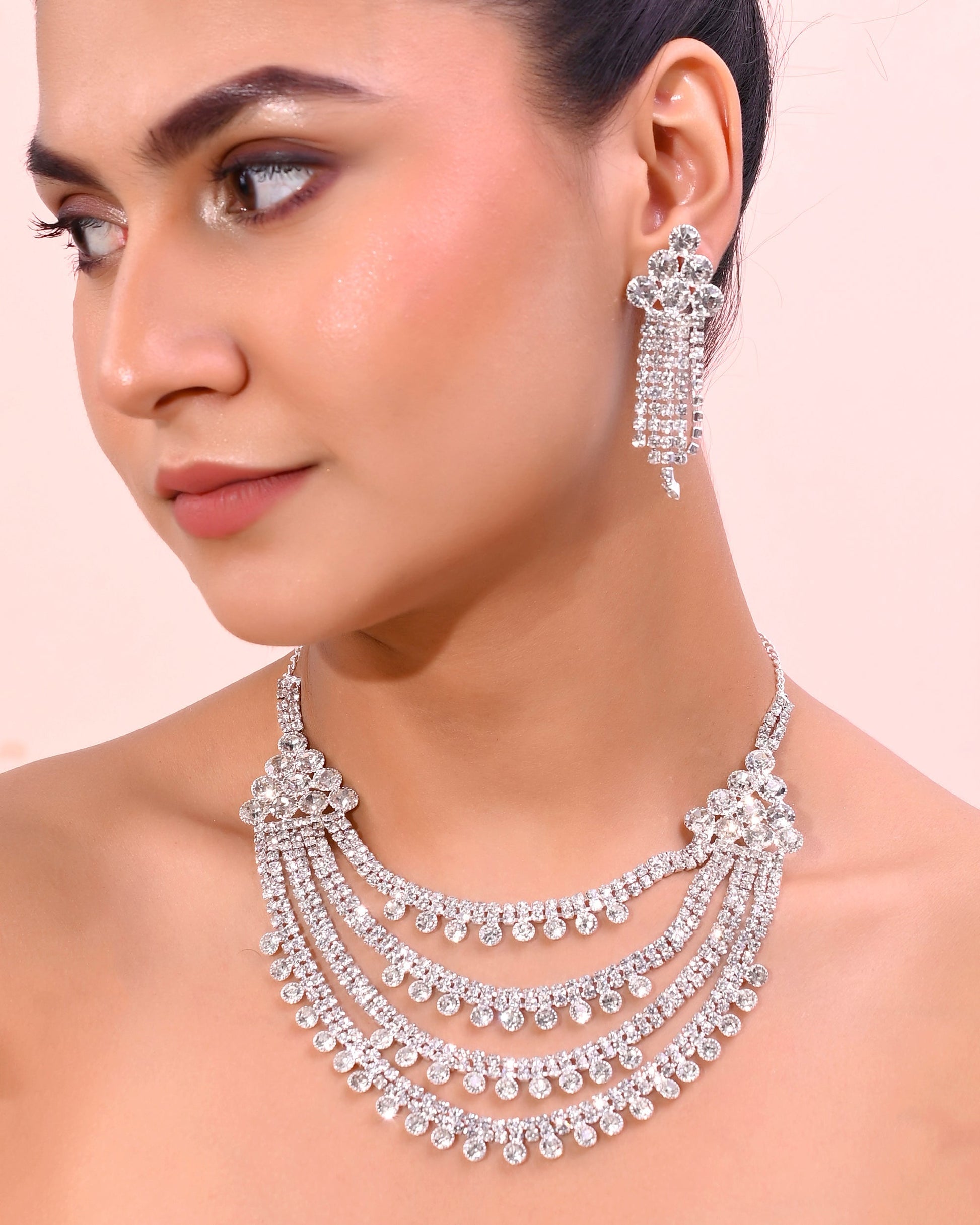 VOJ Silver Plated Stone Studded Multi Layer Jewellery Set VOJ (Valley Of Jewellery)