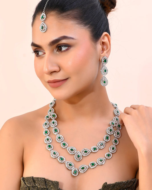 VOJ AD Studded with White and Green Stone Layered Jewellery Set VOJ (Valley Of Jewellery)