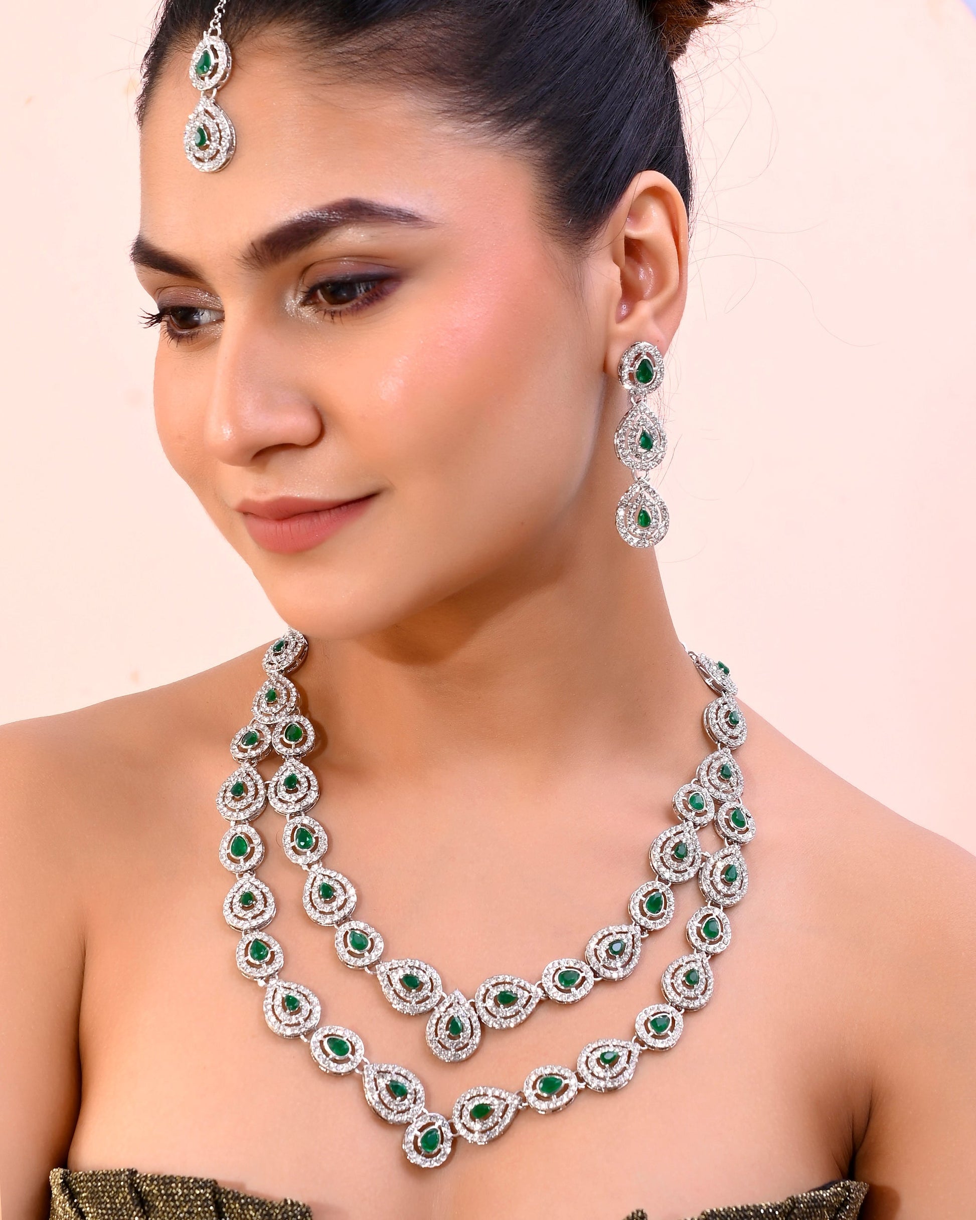 VOJ AD Studded with White and Green Stone Layered Jewellery Set VOJ (Valley Of Jewellery)
