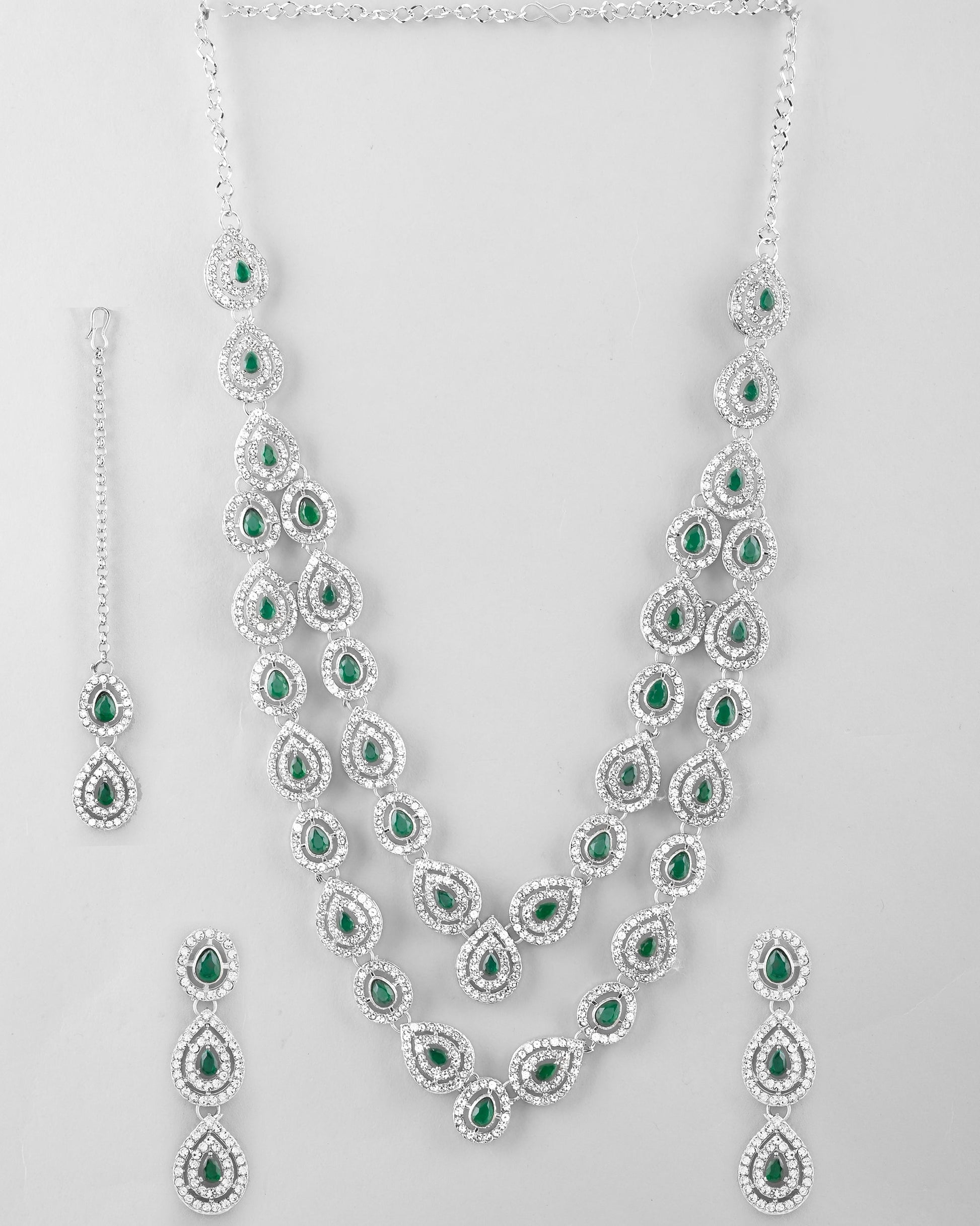 VOJ AD Studded with White and Green Stone Layered Jewellery Set VOJ (Valley Of Jewellery)