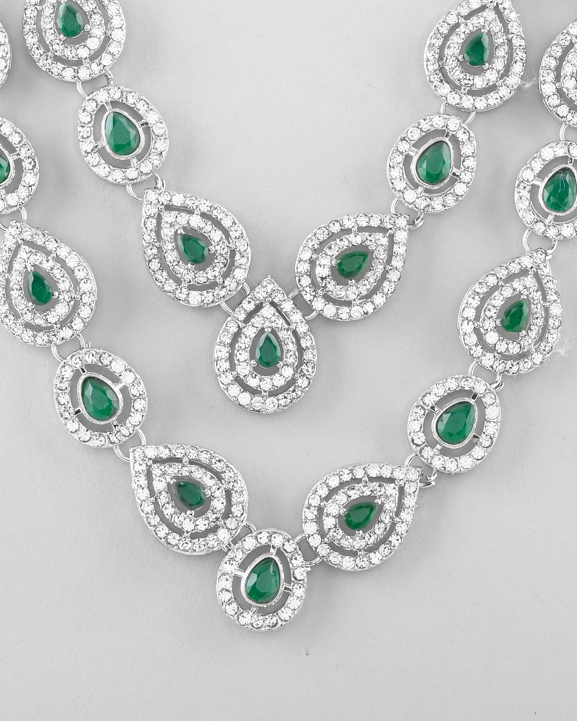 VOJ AD Studded with White and Green Stone Layered Jewellery Set VOJ (Valley Of Jewellery)