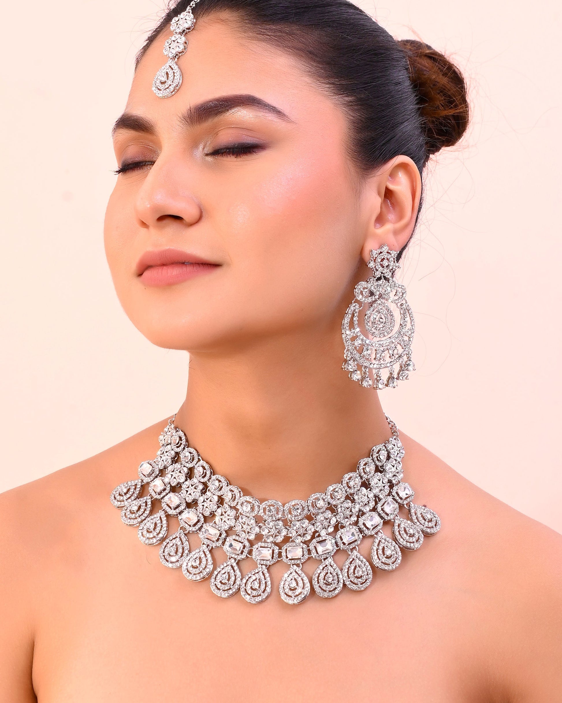 VOJ Silver Plated AD Studded Necklace With Earrings And Mangtikka Set VOJ (Valley Of Jewellery)