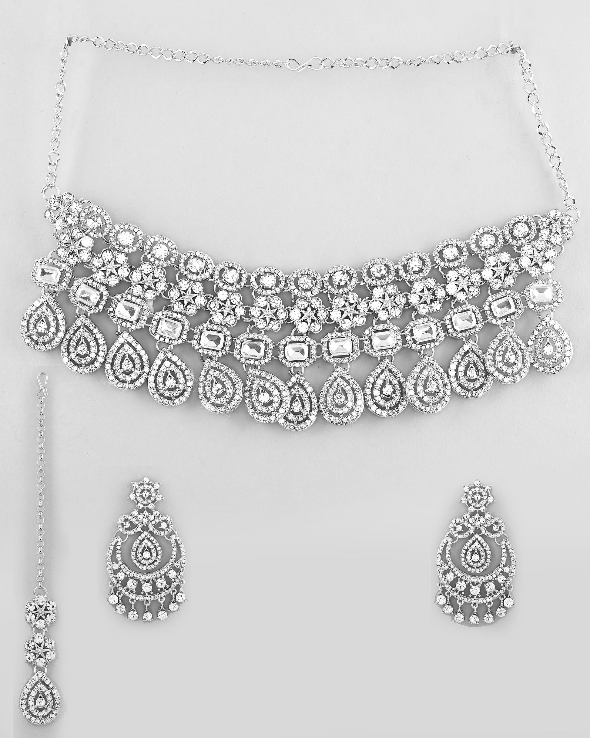 VOJ Silver Plated AD Studded Necklace With Earrings And Mangtikka Set VOJ (Valley Of Jewellery)