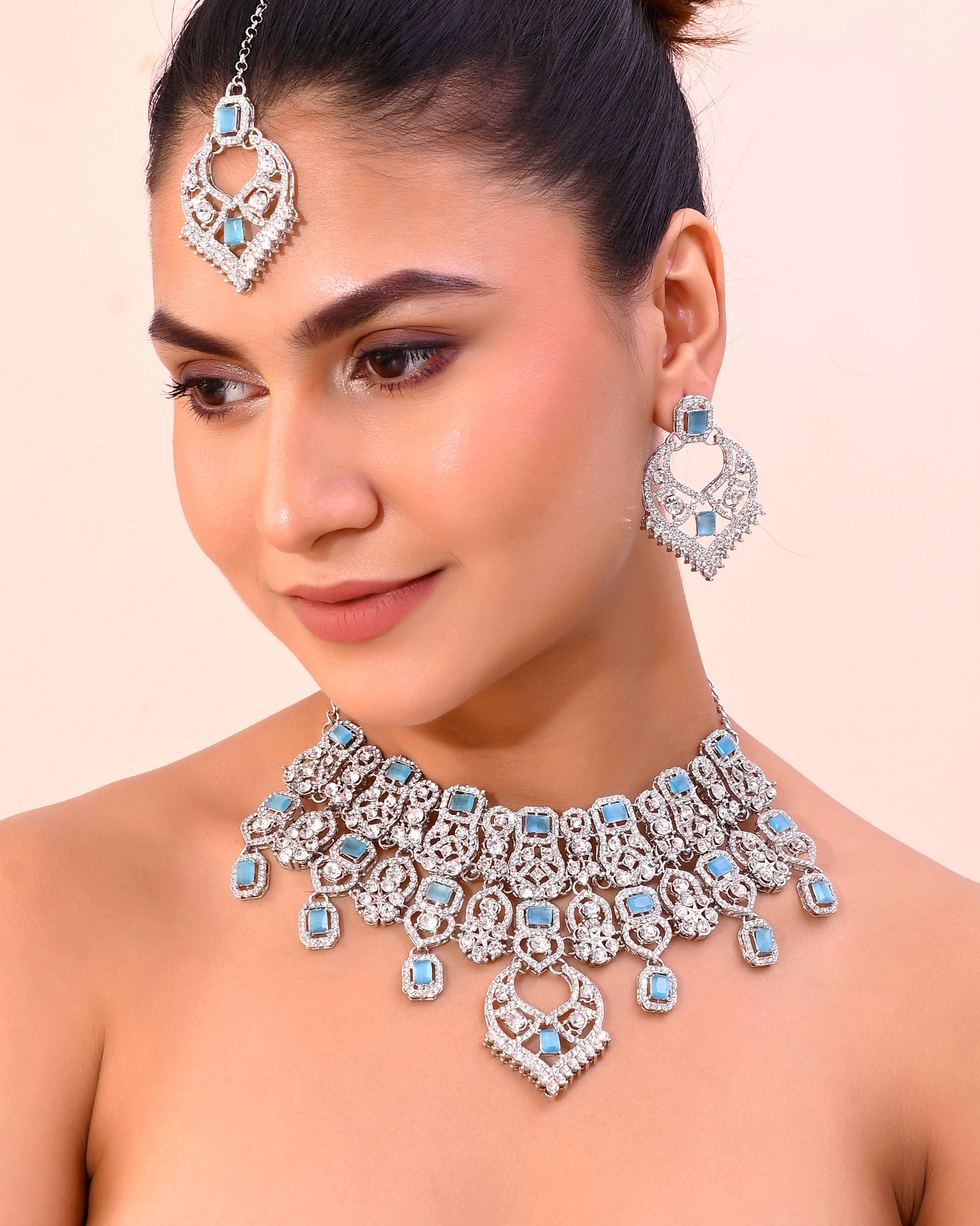 VOJ Silver Plated Designer AD Studded Necklace With Earrings And Mangtikka VOJ (Valley Of Jewellery)