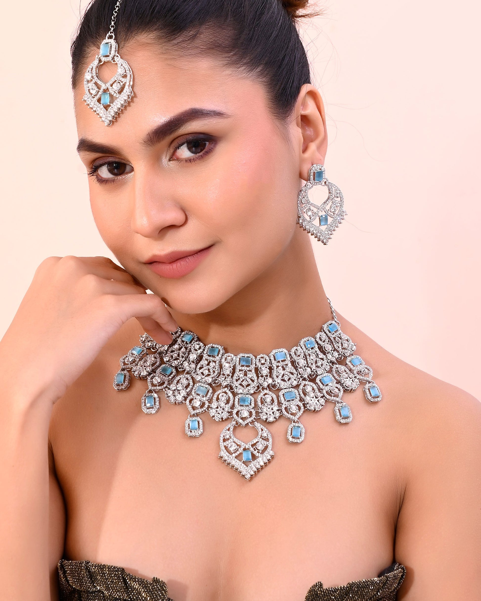 VOJ Silver Plated Designer AD Studded Necklace With Earrings And Mangtikka VOJ (Valley Of Jewellery)