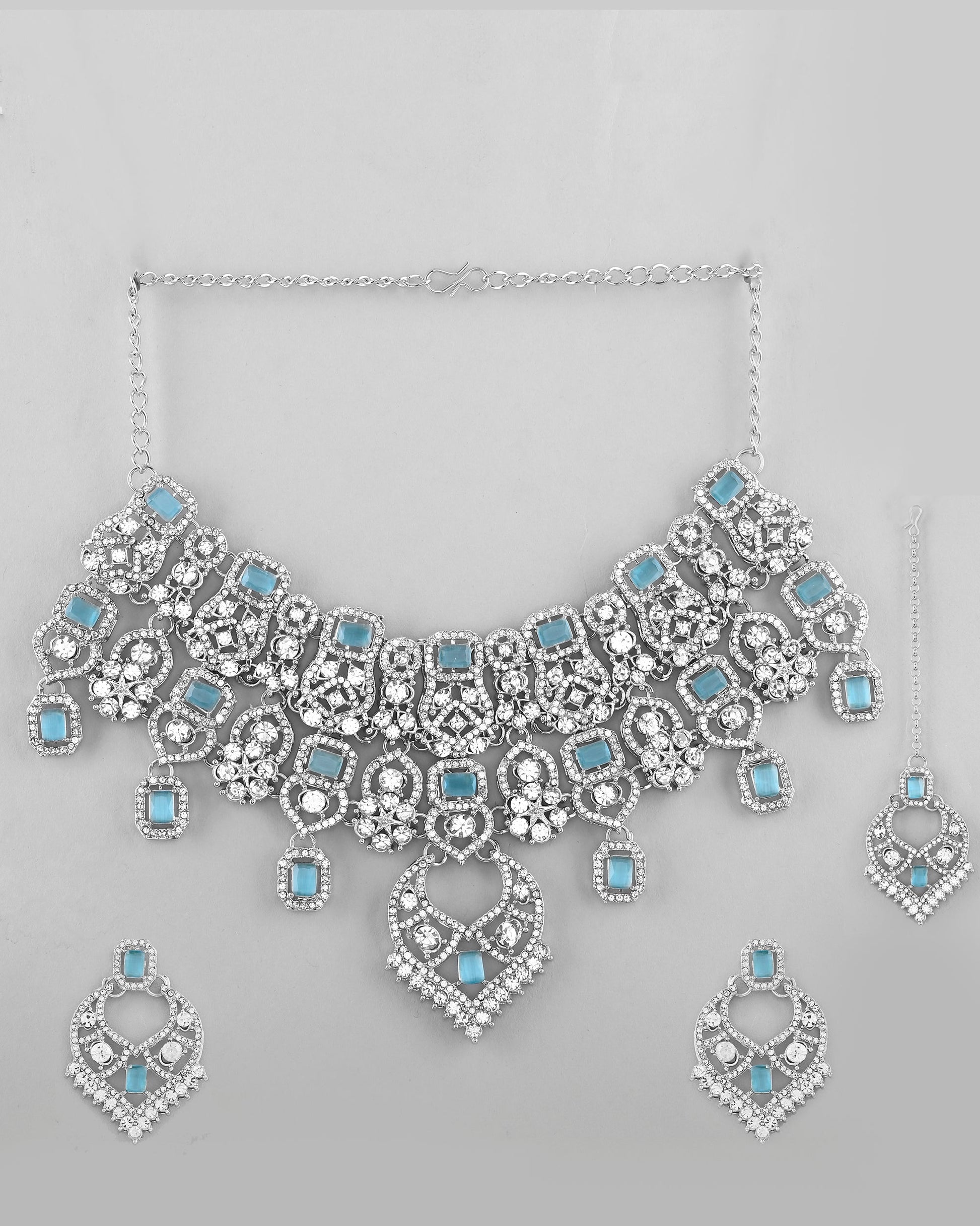 VOJ Silver Plated Designer AD Studded Necklace With Earrings And Mangtikka VOJ (Valley Of Jewellery)