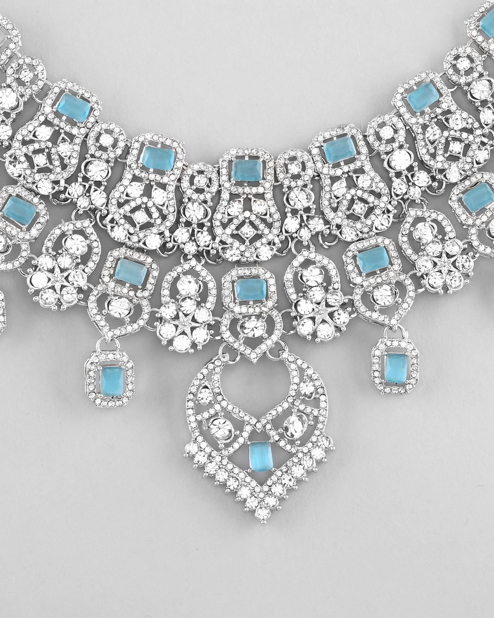 VOJ Silver Plated Designer AD Studded Necklace With Earrings And Mangtikka VOJ (Valley Of Jewellery)