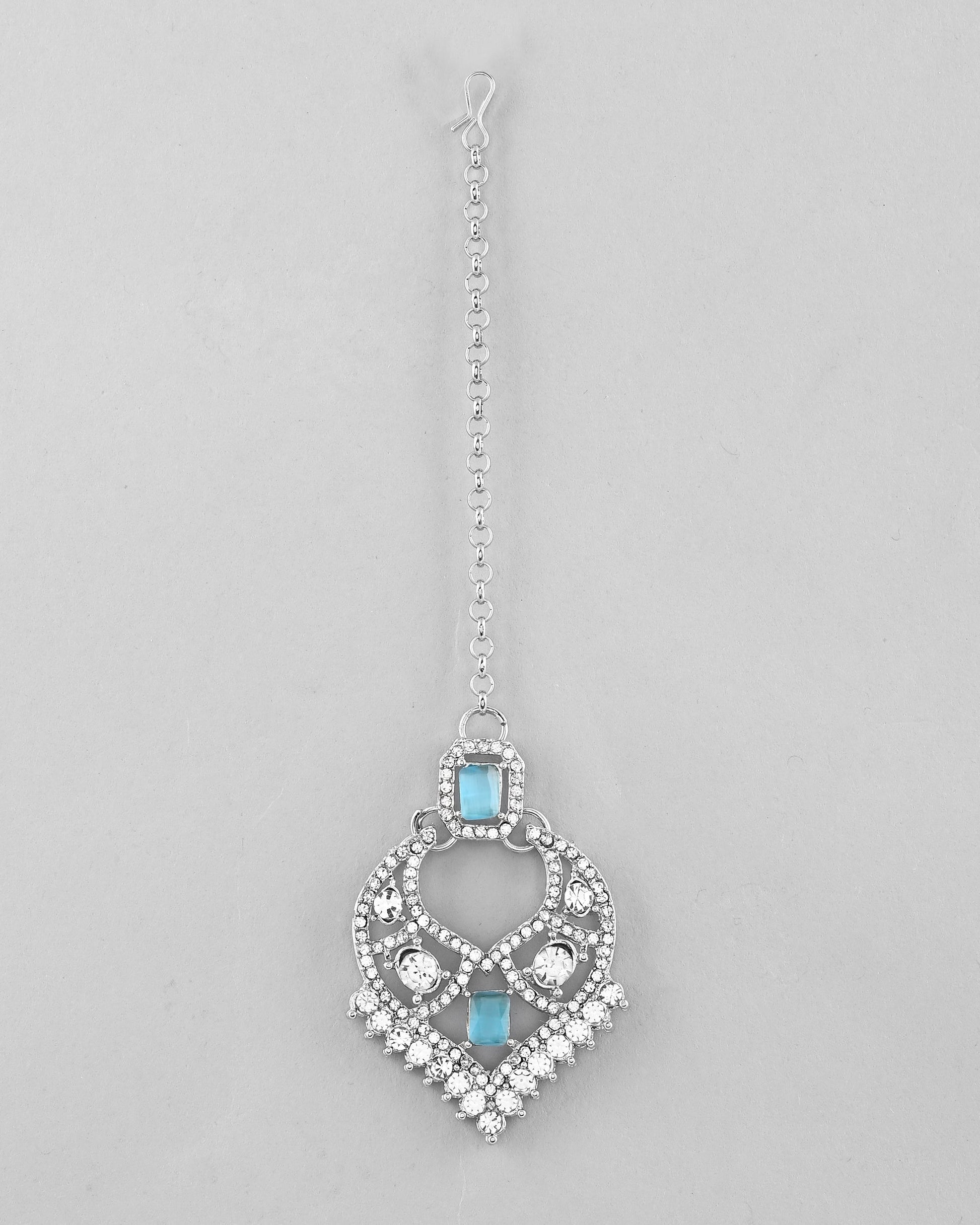 VOJ Silver Plated Designer AD Studded Necklace With Earrings And Mangtikka VOJ (Valley Of Jewellery)