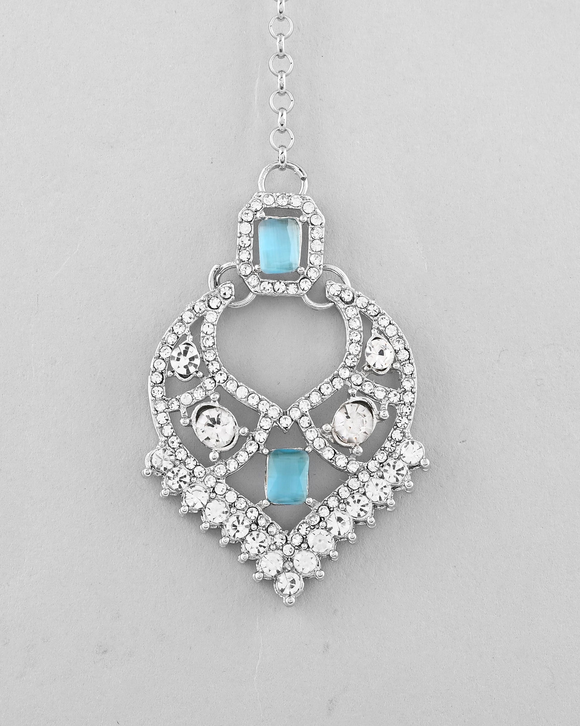 VOJ Silver Plated Designer AD Studded Necklace With Earrings And Mangtikka VOJ (Valley Of Jewellery)