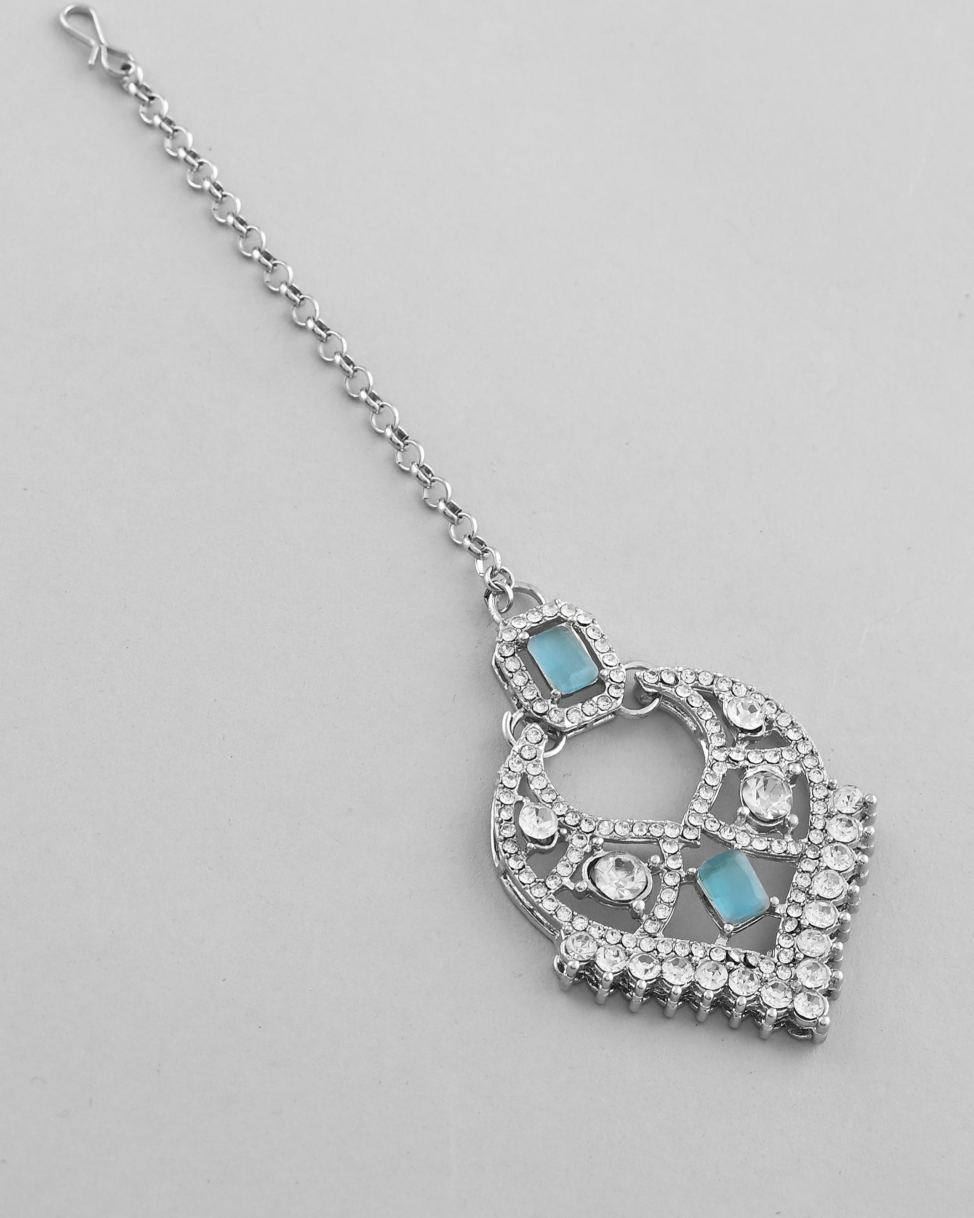 VOJ Silver Plated Designer AD Studded Necklace With Earrings And Mangtikka VOJ (Valley Of Jewellery)