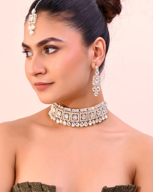 VOJ Silver Plated Stone Studded Designer Necklace With Earrings And Mangtikka VOJ (Valley Of Jewellery)