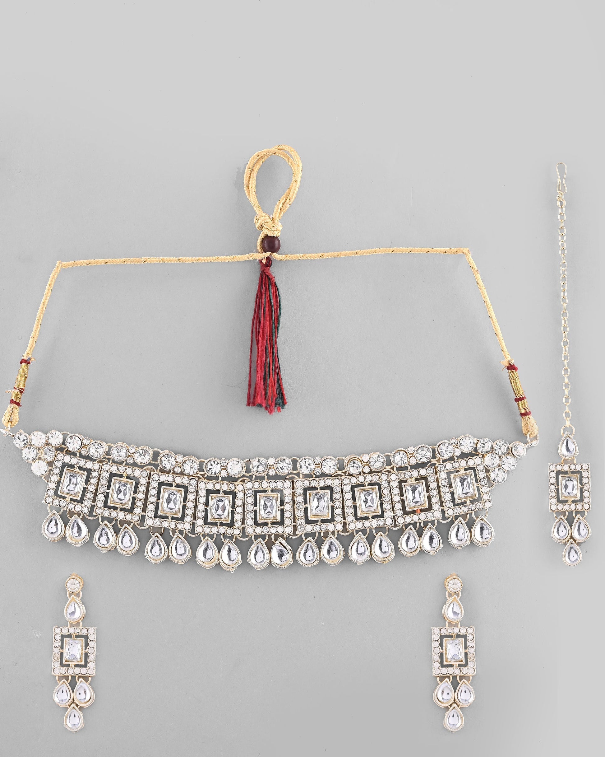 VOJ Silver Plated Stone Studded Designer Necklace With Earrings And Mangtikka - Swadesiicart