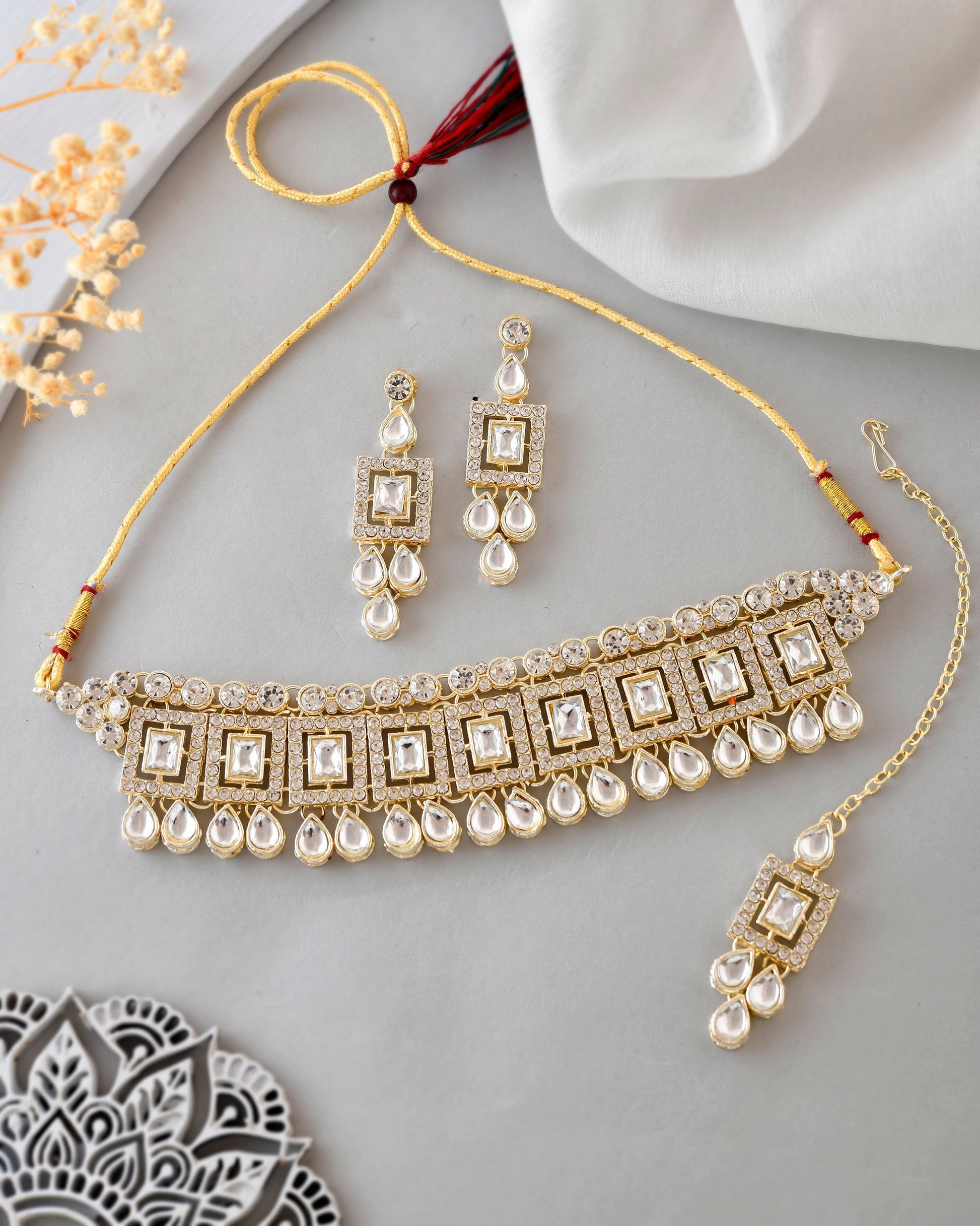 VOJ Silver Plated Stone Studded Designer Necklace With Earrings And Mangtikka VOJ (Valley Of Jewellery)