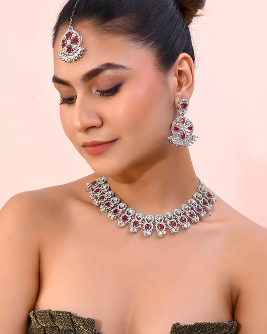 VOJ Silver Plated Pink AD Stone Studded Designer Jewellery Set With Mangtikka VOJ (Valley Of Jewellery)