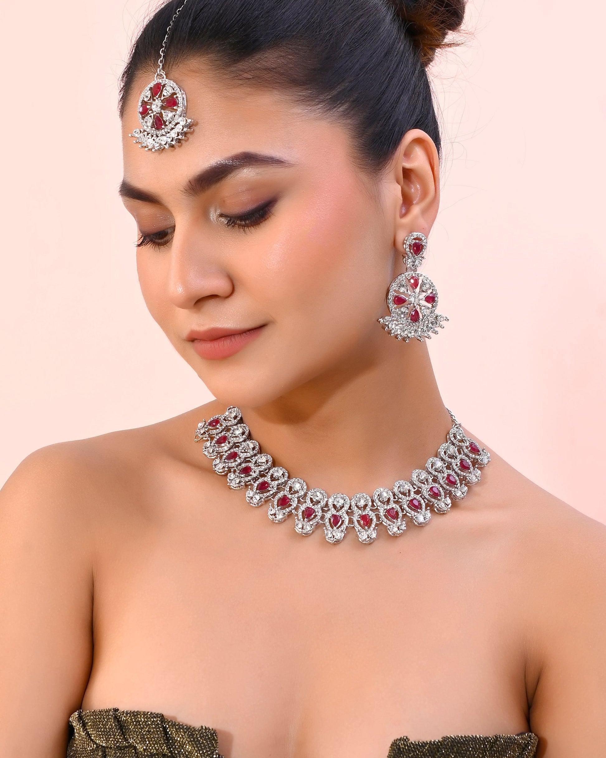 VOJ Silver Plated Pink AD Stone Studded Designer Jewellery Set With Mangtikka VOJ (Valley Of Jewellery)