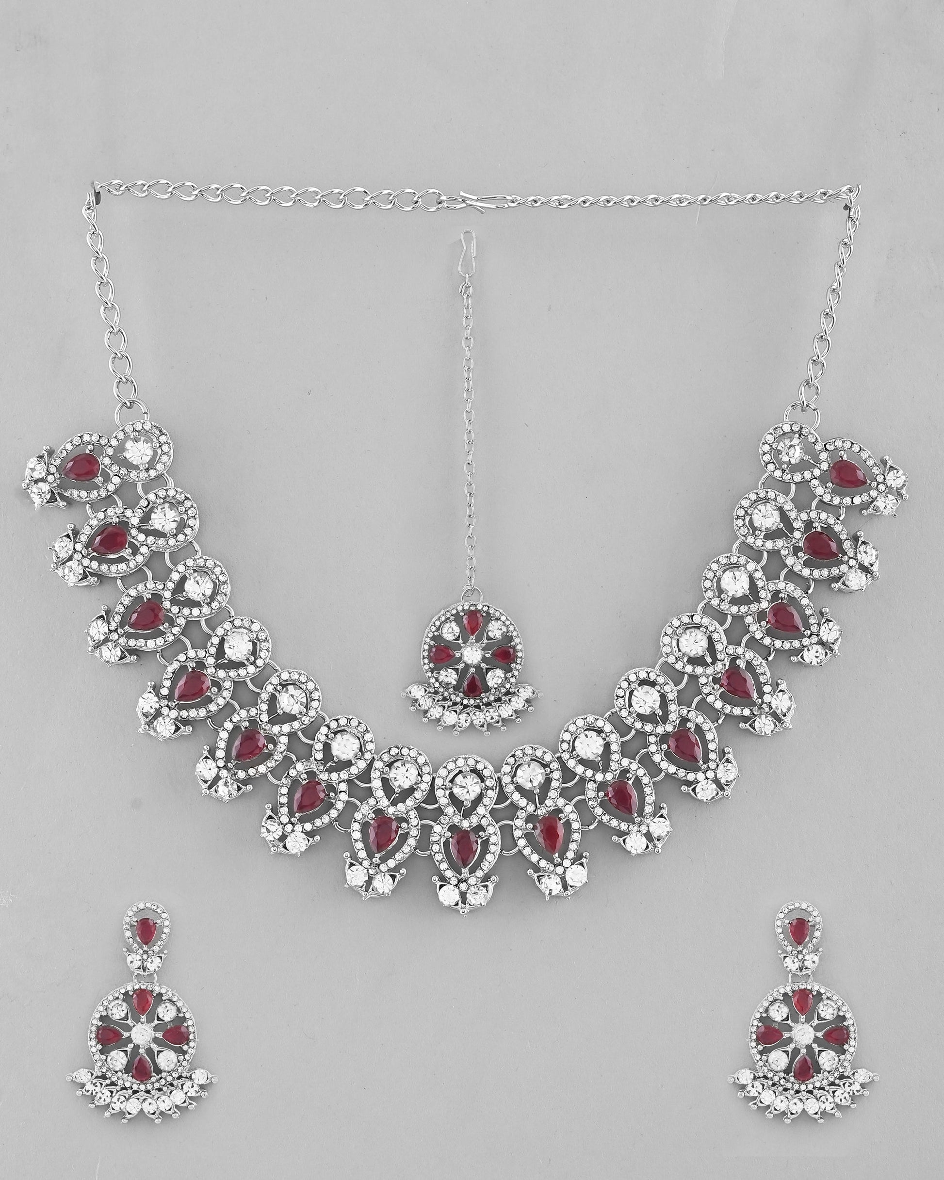 VOJ Silver Plated Pink AD Stone Studded Designer Jewellery Set With Mangtikka - Swadesiicart