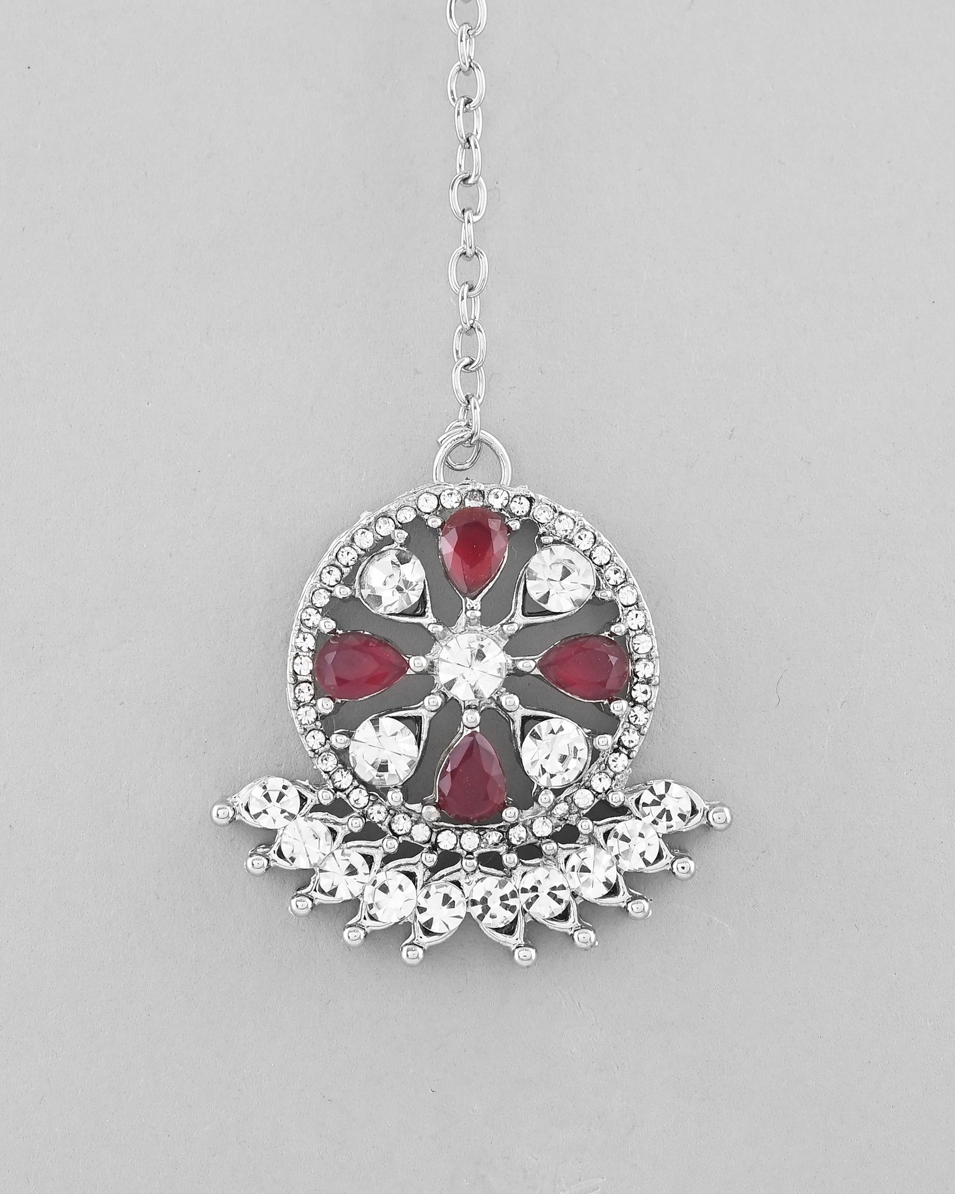 VOJ Silver Plated Pink AD Stone Studded Designer Jewellery Set With Mangtikka VOJ (Valley Of Jewellery)