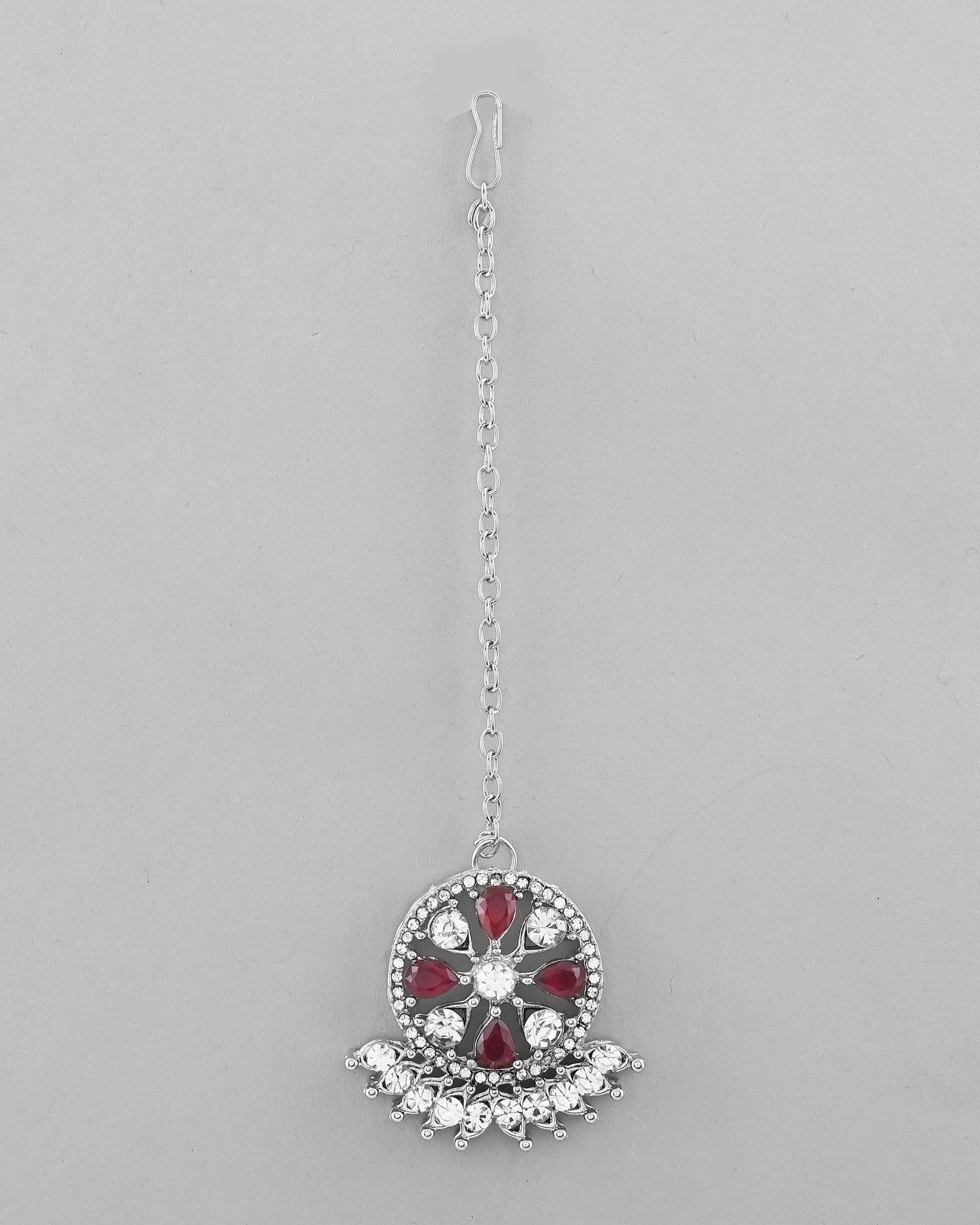 VOJ Silver Plated Pink AD Stone Studded Designer Jewellery Set With Mangtikka VOJ (Valley Of Jewellery)