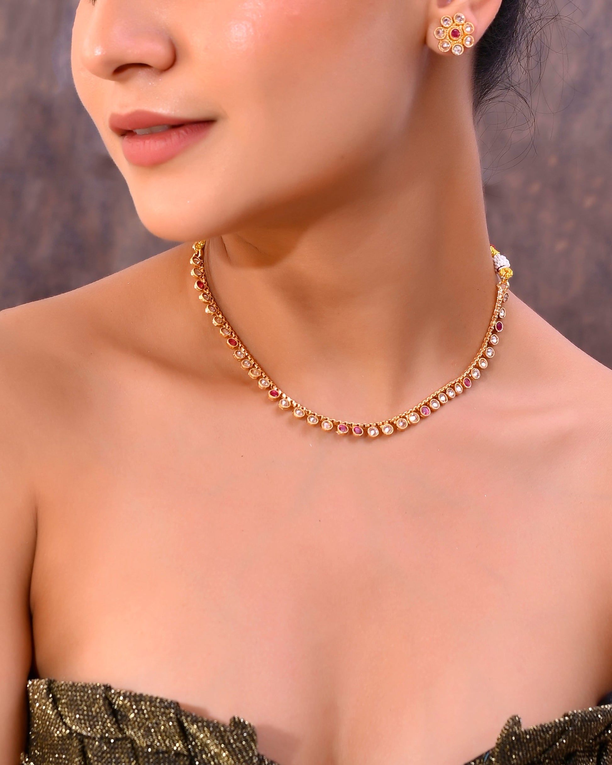 VOJ Gold-Polished Designer Handcrafted Necklace With Earrings VOJ (Valley Of Jewellery)