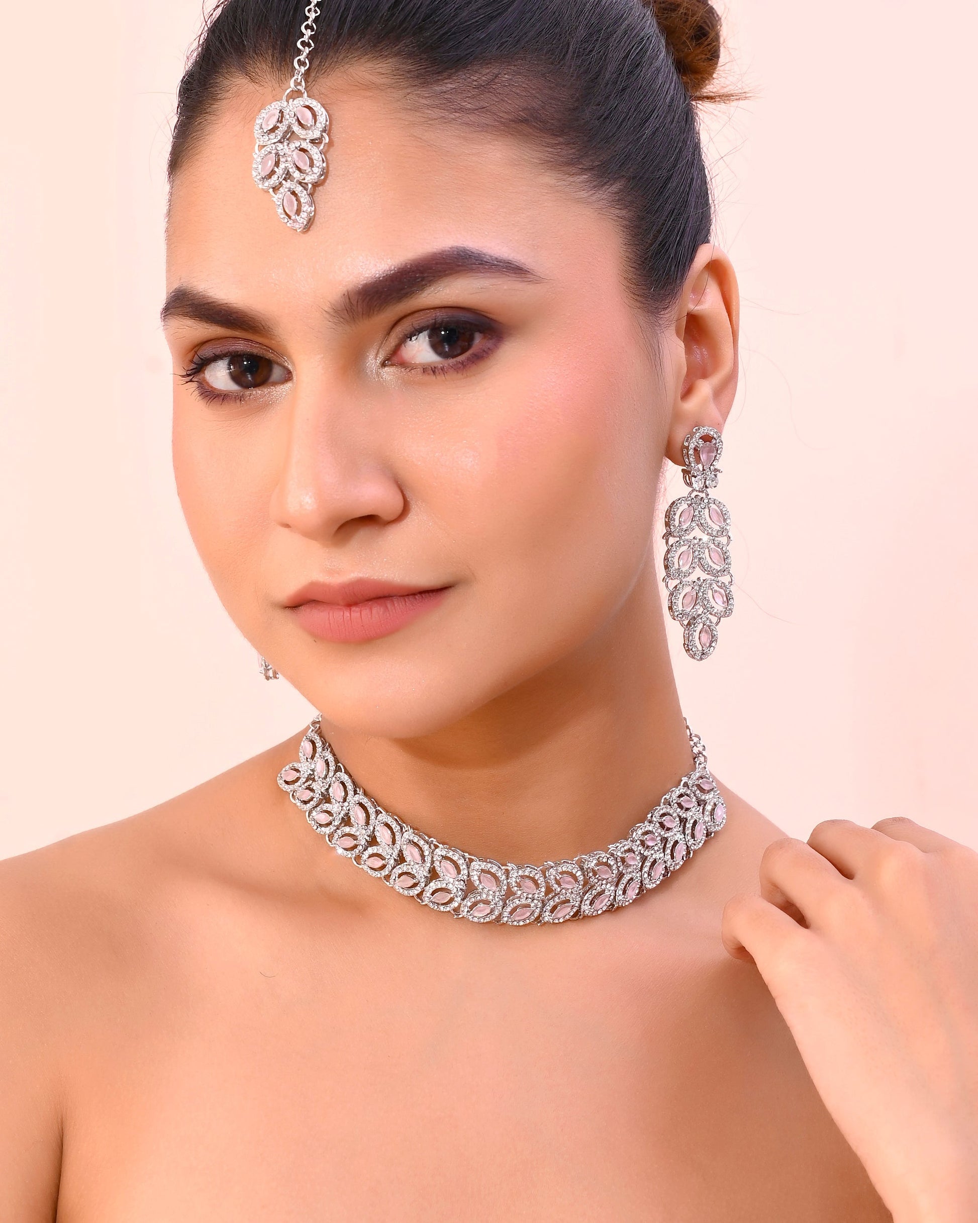 VOJ Silver Plated Baby Pink AD Stone Studded Designer Jewellery Set With Mangtikka - Swadesiicart