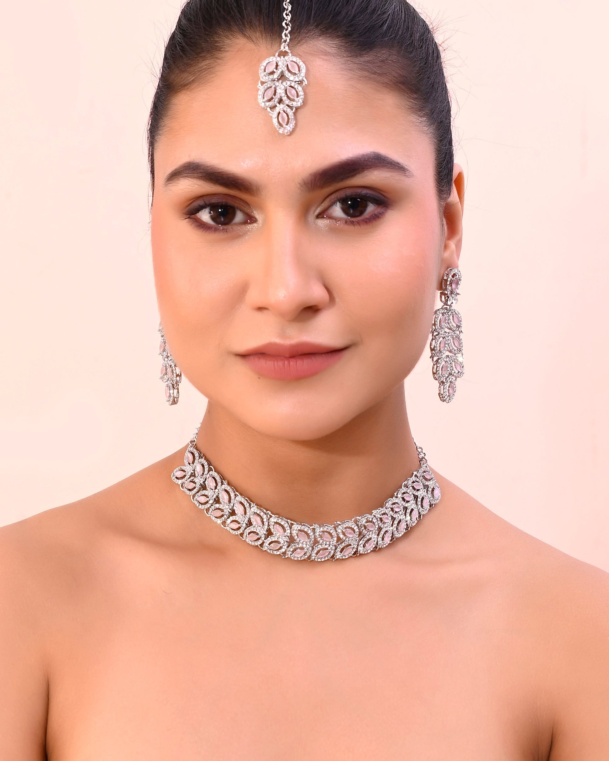 VOJ Silver Plated Baby Pink AD Stone Studded Designer Jewellery Set With Mangtikka VOJ (Valley Of Jewellery)