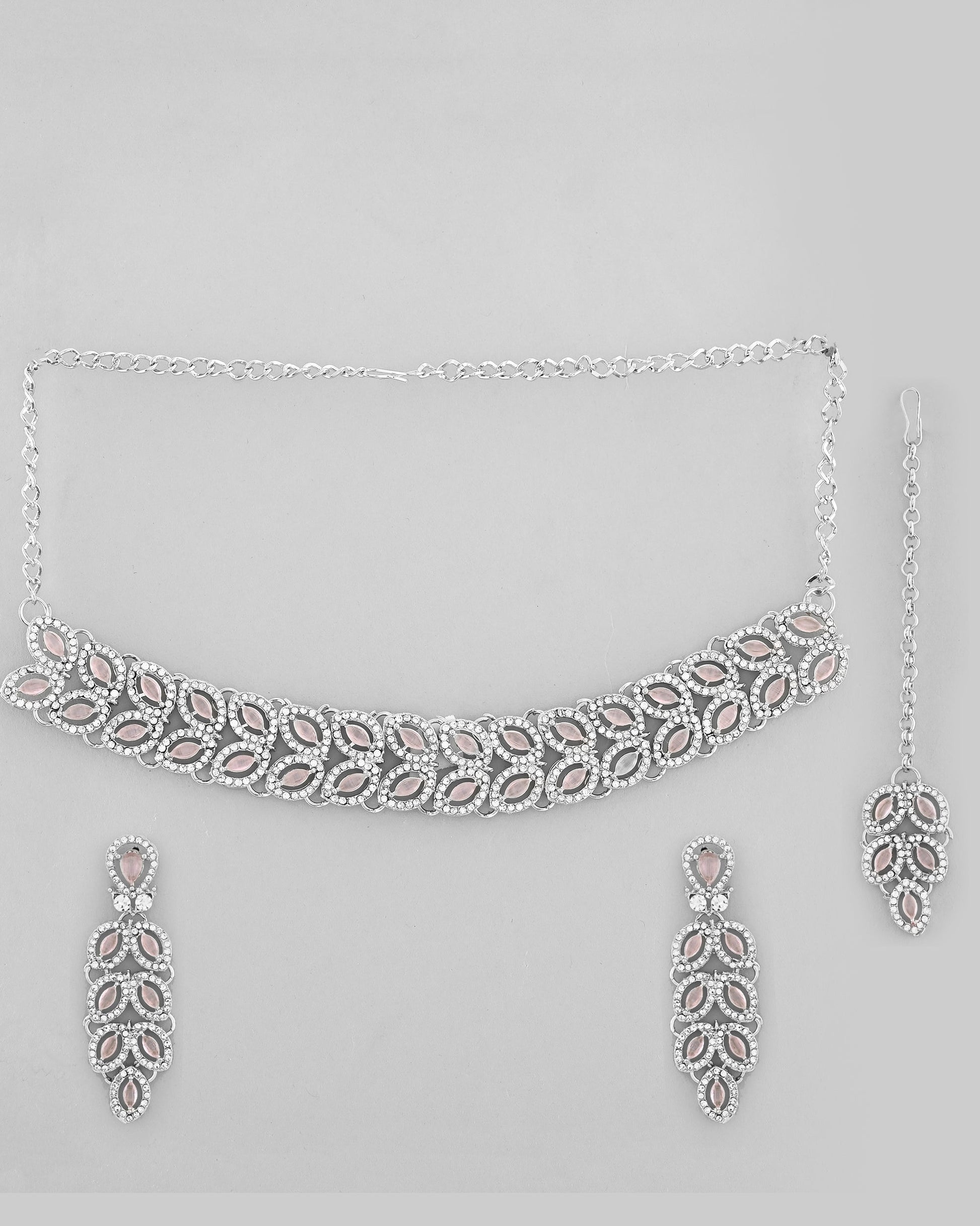 VOJ Silver Plated Baby Pink AD Stone Studded Designer Jewellery Set With Mangtikka VOJ (Valley Of Jewellery)