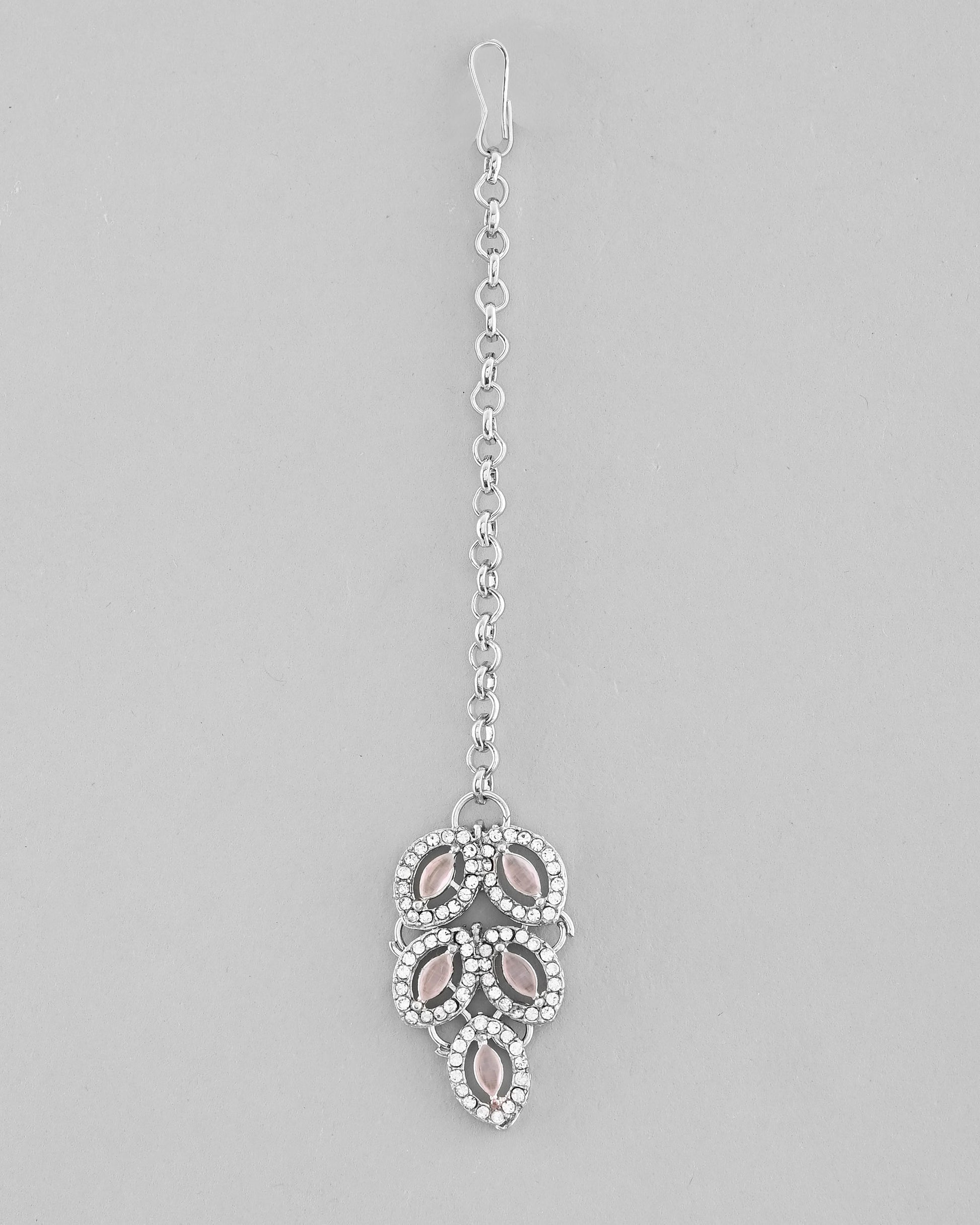 VOJ Silver Plated Baby Pink AD Stone Studded Designer Jewellery Set With Mangtikka VOJ (Valley Of Jewellery)