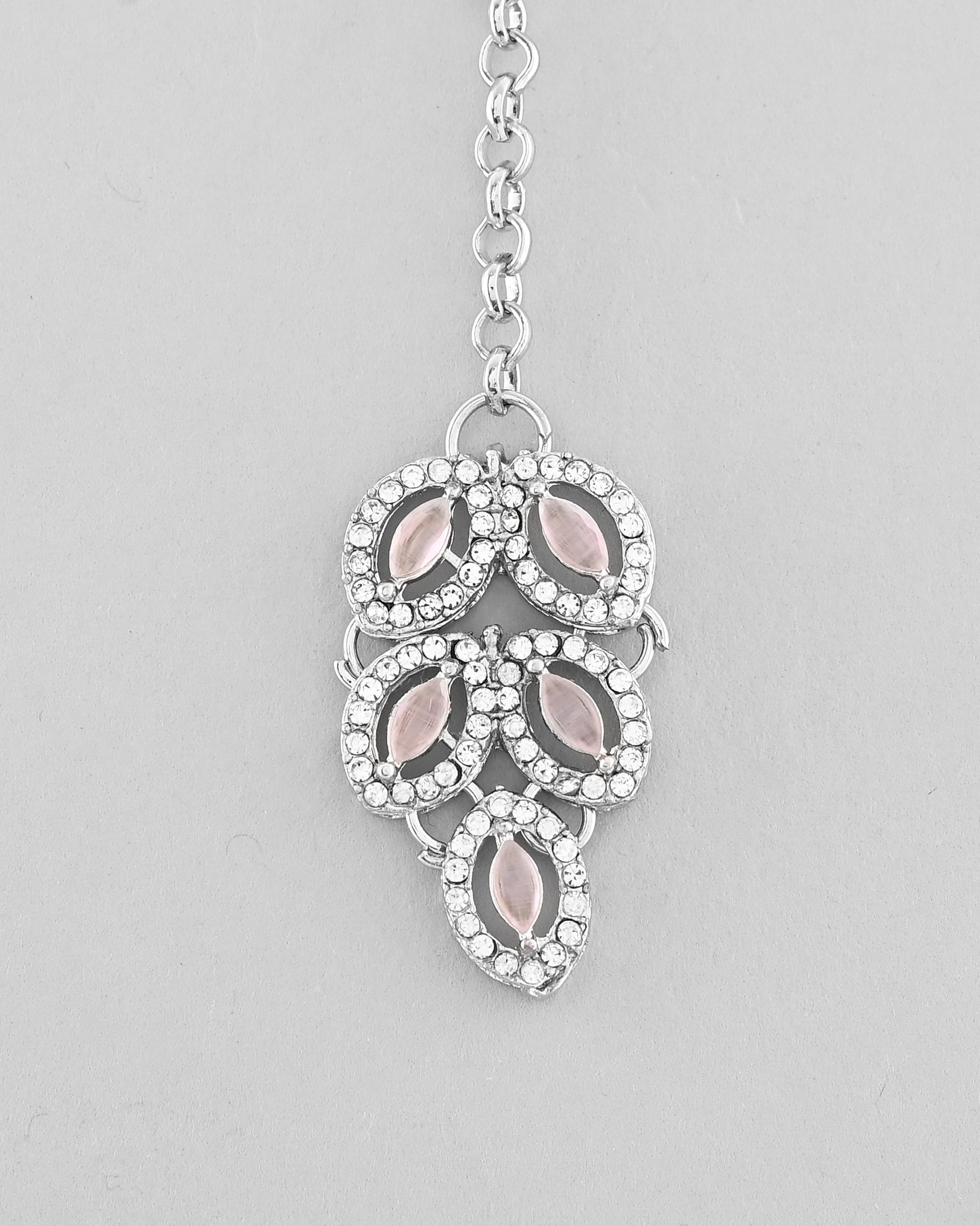 VOJ Silver Plated Baby Pink AD Stone Studded Designer Jewellery Set With Mangtikka VOJ (Valley Of Jewellery)