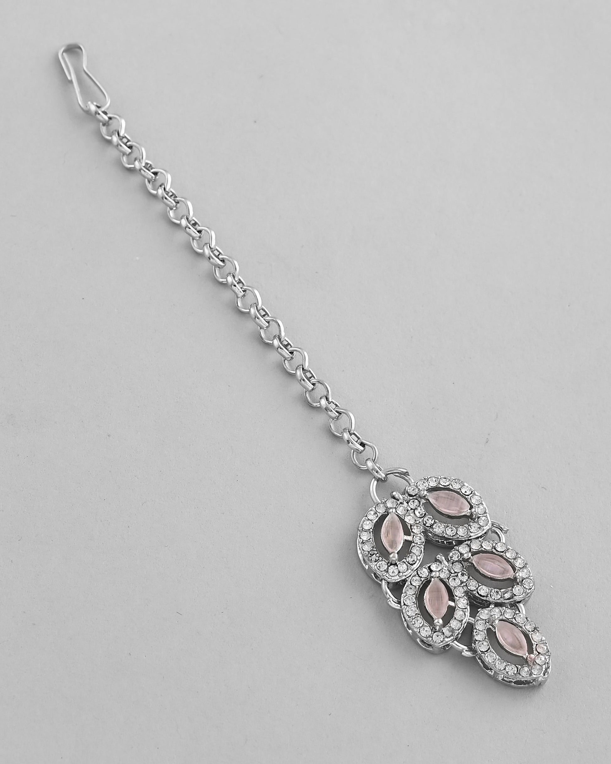 VOJ Silver Plated Baby Pink AD Stone Studded Designer Jewellery Set With Mangtikka VOJ (Valley Of Jewellery)