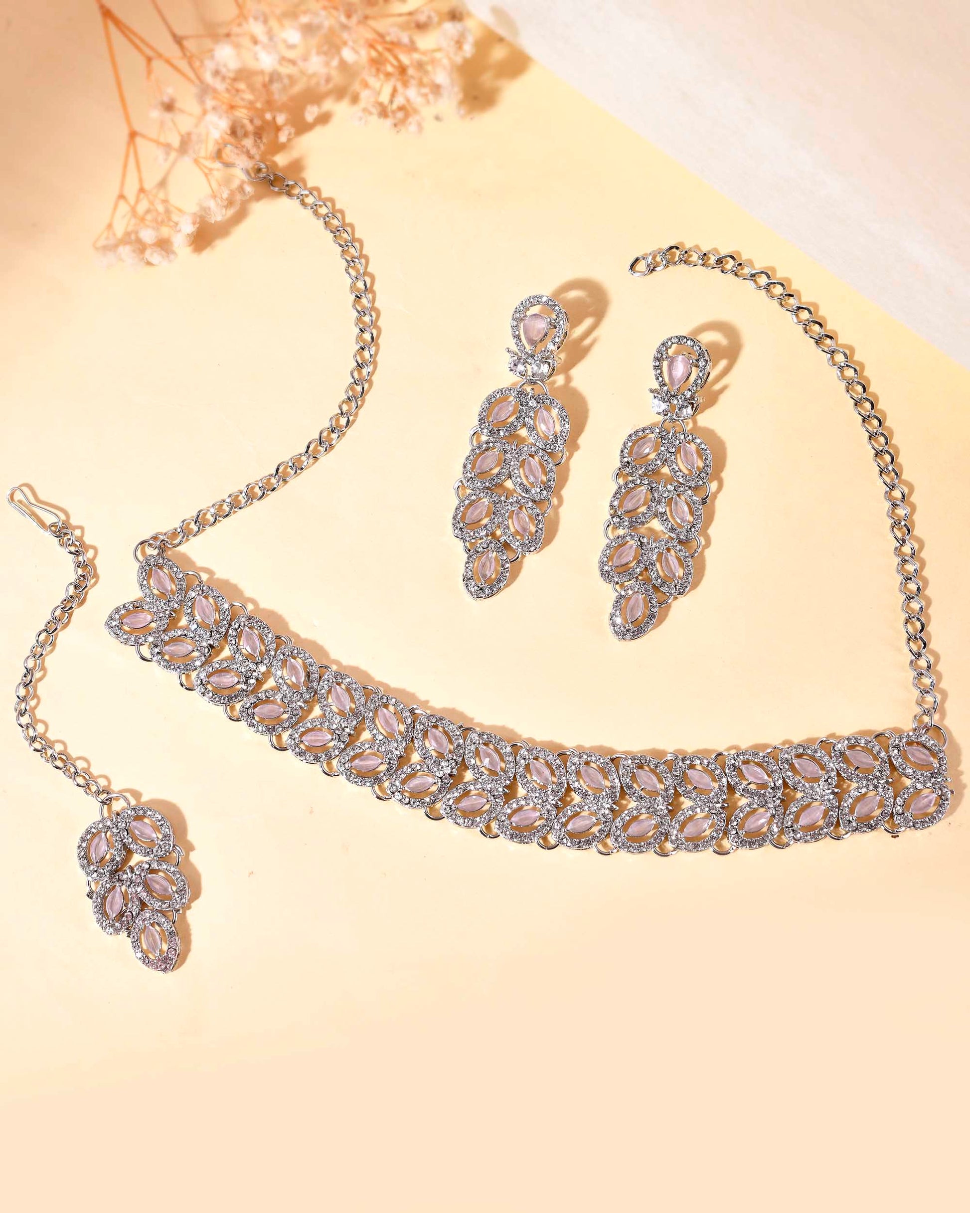 VOJ Silver Plated Baby Pink AD Stone Studded Designer Jewellery Set With Mangtikka VOJ (Valley Of Jewellery)