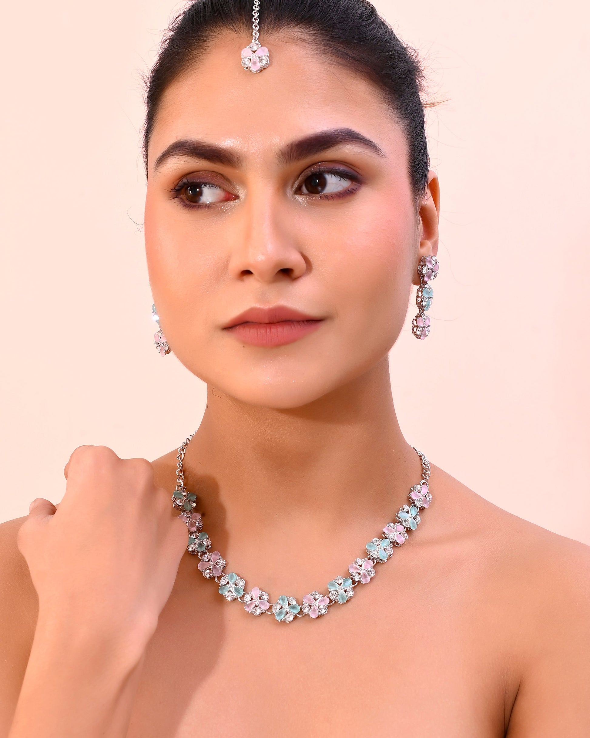 VOJ Silver Plated AD With Nude Green And Light Pink Flower Jewellery Set With Mangtikka VOJ (Valley Of Jewellery)