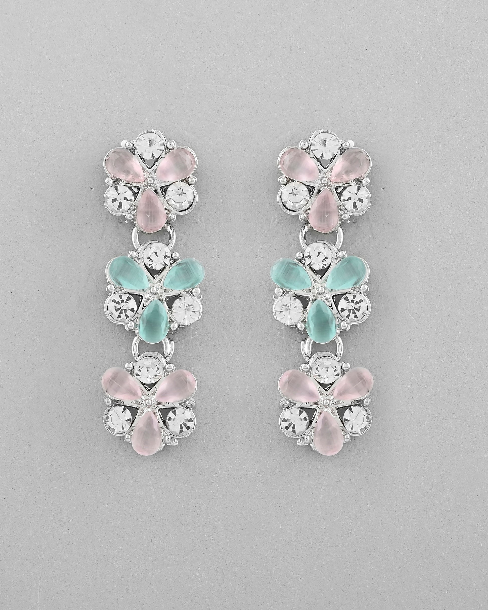 VOJ Silver Plated AD With Nude Green And Light Pink Flower Jewellery Set With Mangtikka VOJ (Valley Of Jewellery)