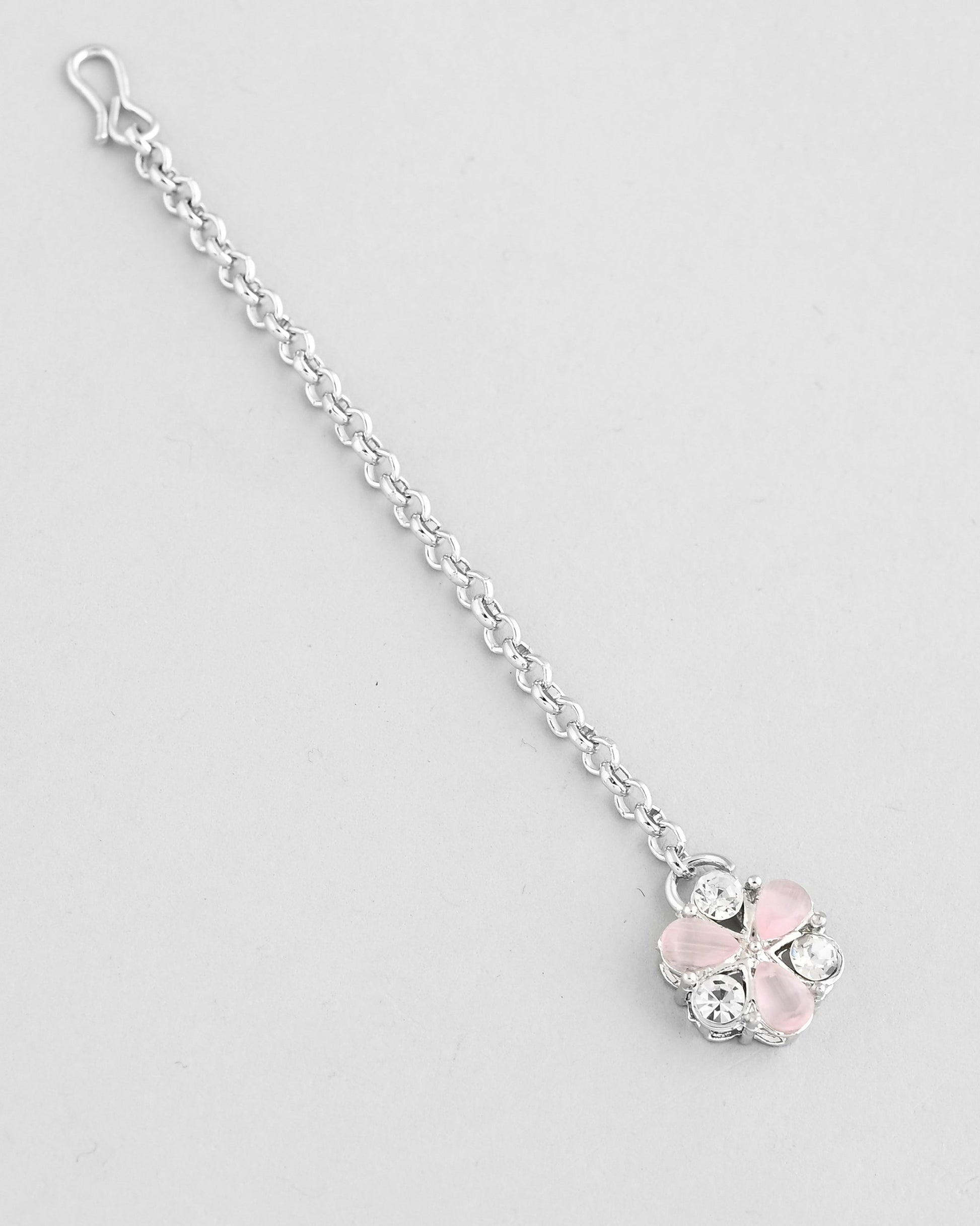 VOJ Silver Plated AD With Nude Green And Light Pink Flower Jewellery Set With Mangtikka VOJ (Valley Of Jewellery)