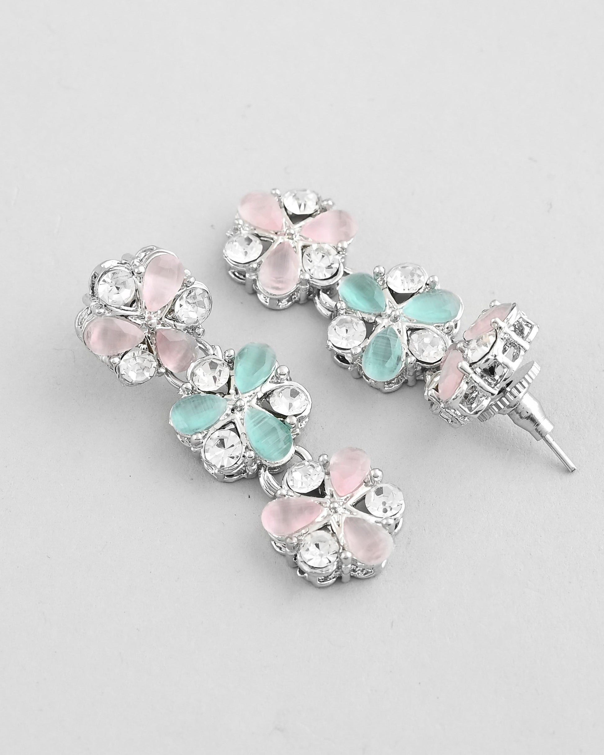 VOJ Silver Plated AD With Nude Green And Light Pink Flower Jewellery Set With Mangtikka VOJ (Valley Of Jewellery)