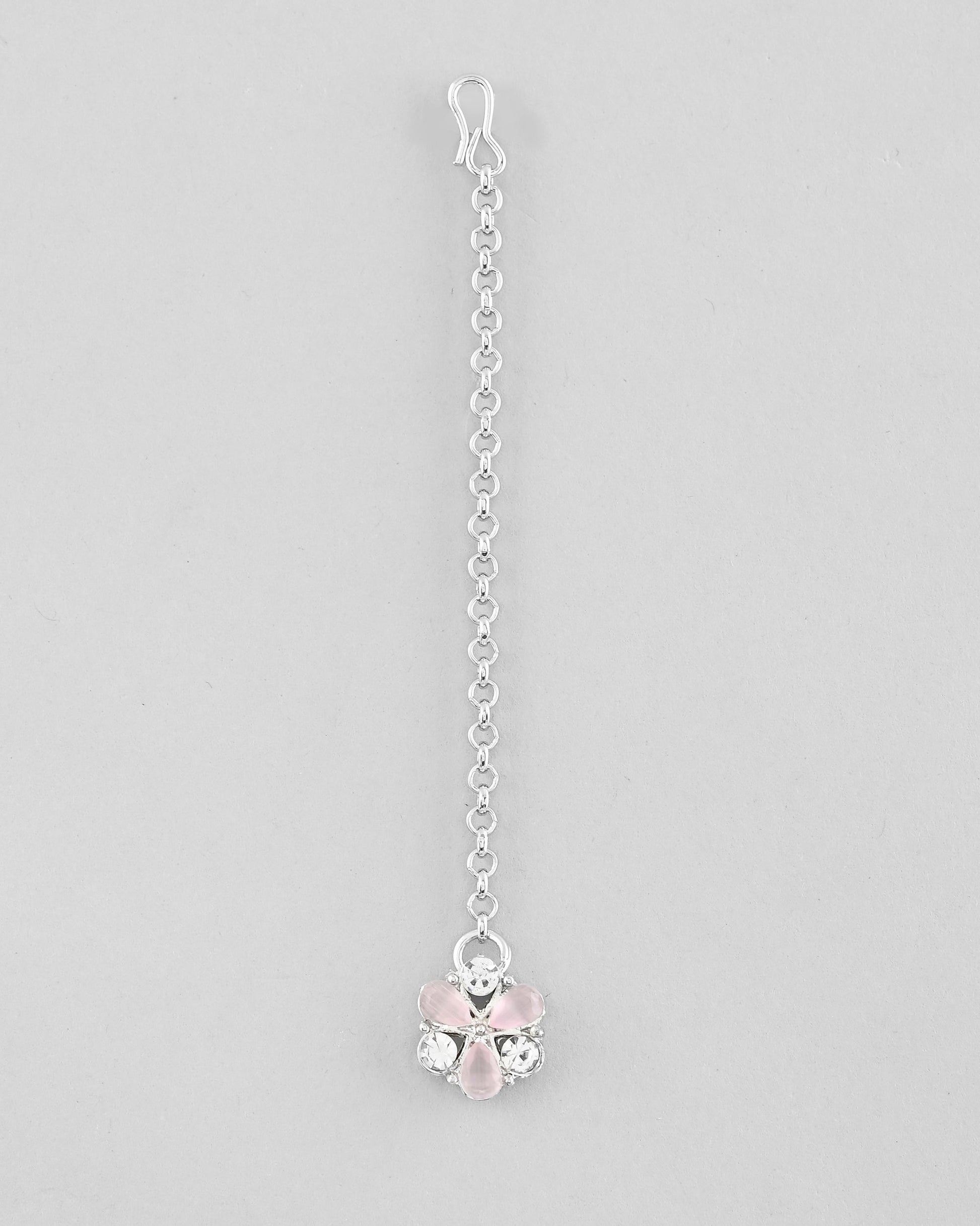 VOJ Silver Plated AD With Nude Green And Light Pink Flower Jewellery Set With Mangtikka VOJ (Valley Of Jewellery)