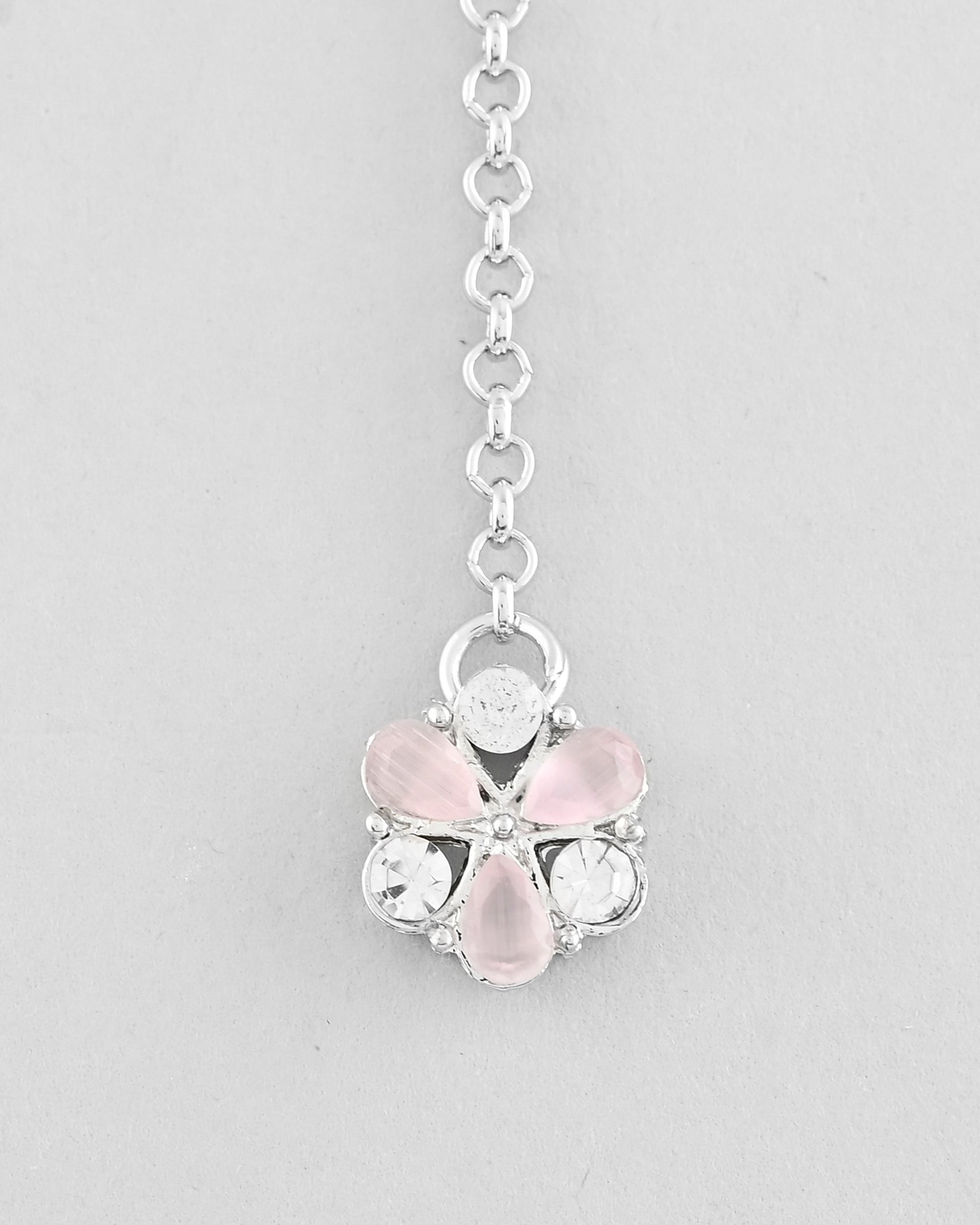 VOJ Silver Plated AD With Nude Green And Light Pink Flower Jewellery Set With Mangtikka VOJ (Valley Of Jewellery)