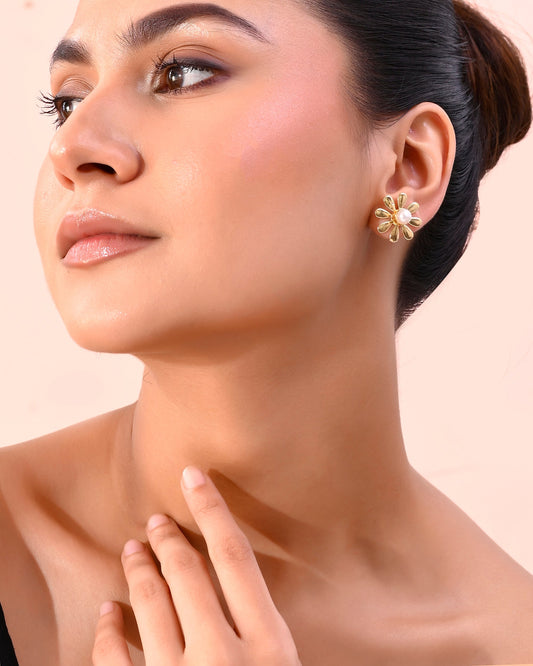VOJ Gold-Polished Flower Shaped Pearl Stud Earrings