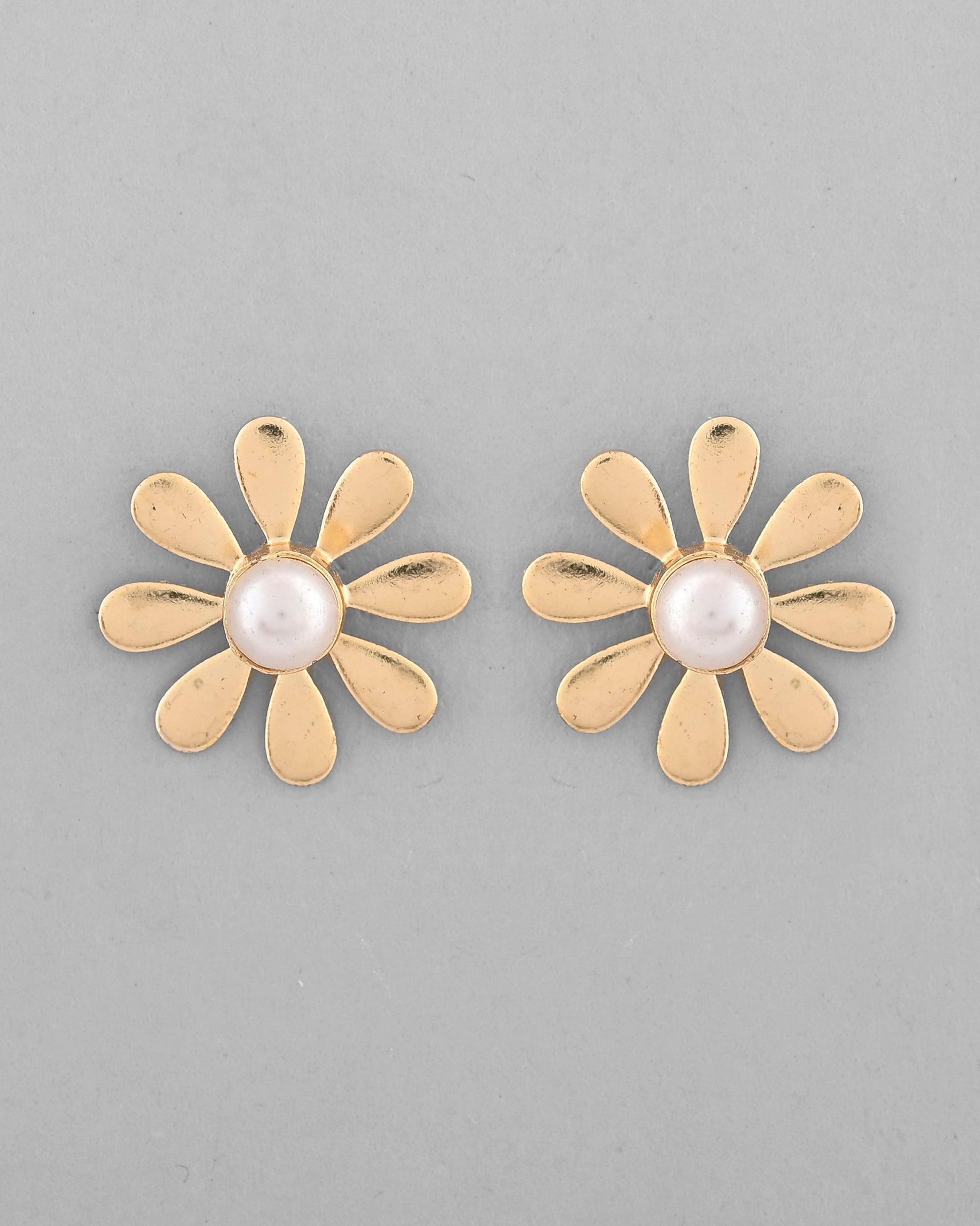 VOJ Gold-Polished Flower Shaped Pearl Stud Earrings