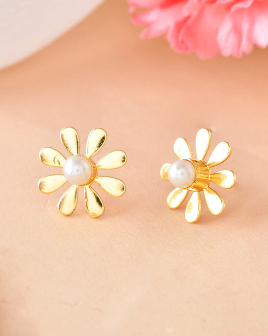 VOJ Gold-Polished Flower Shaped Pearl Stud Earrings