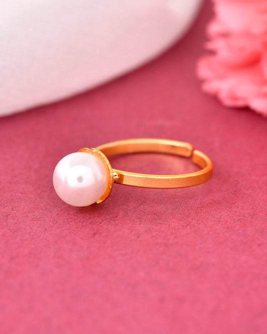 VOJ Gold-Polished One Pearl Ring 