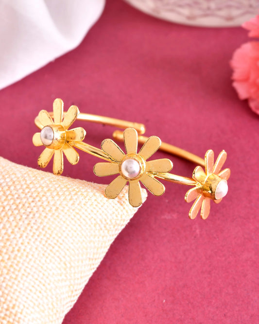 VOJ Gold-Polished with 3 Flower and Pearl Kada Bracelet | Grab2Buy