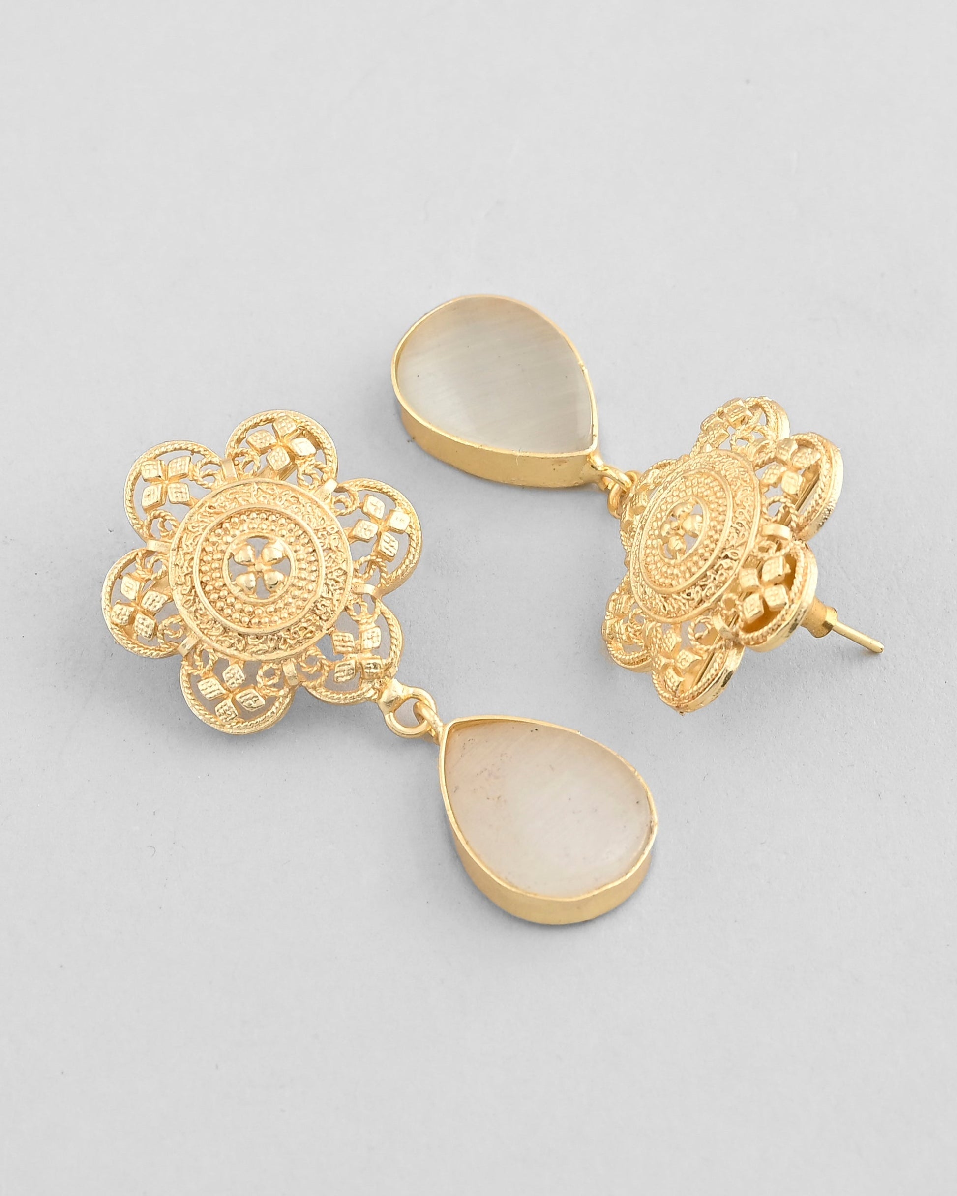 VOJ Gold-Polished Flower Shaped Stone Studded Drop Earrings - Swadesiicart