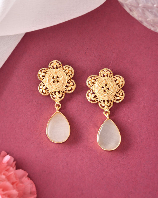 VOJ Gold-Polished Flower Shaped Stone Studded Drop Earrings