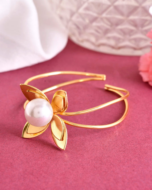 VOJ Gold-Polished Flower Shaped With Pearl In Center Kada Bracelet | Grab2Buy