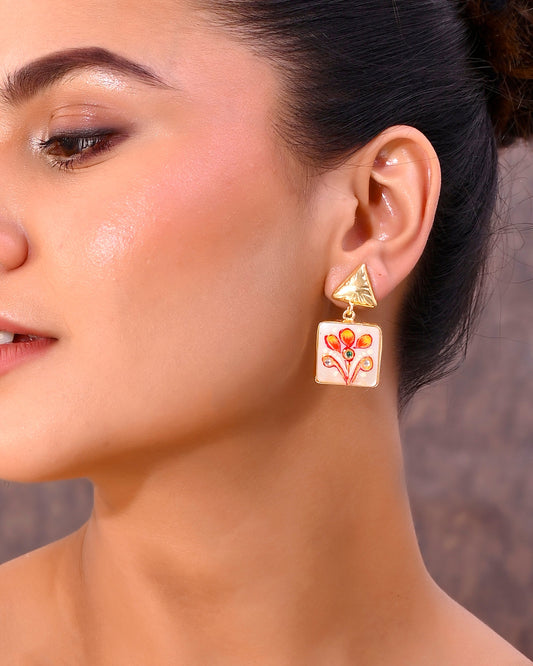 VOJ Gold-Polished Hand Painted Drop Stud Earrings