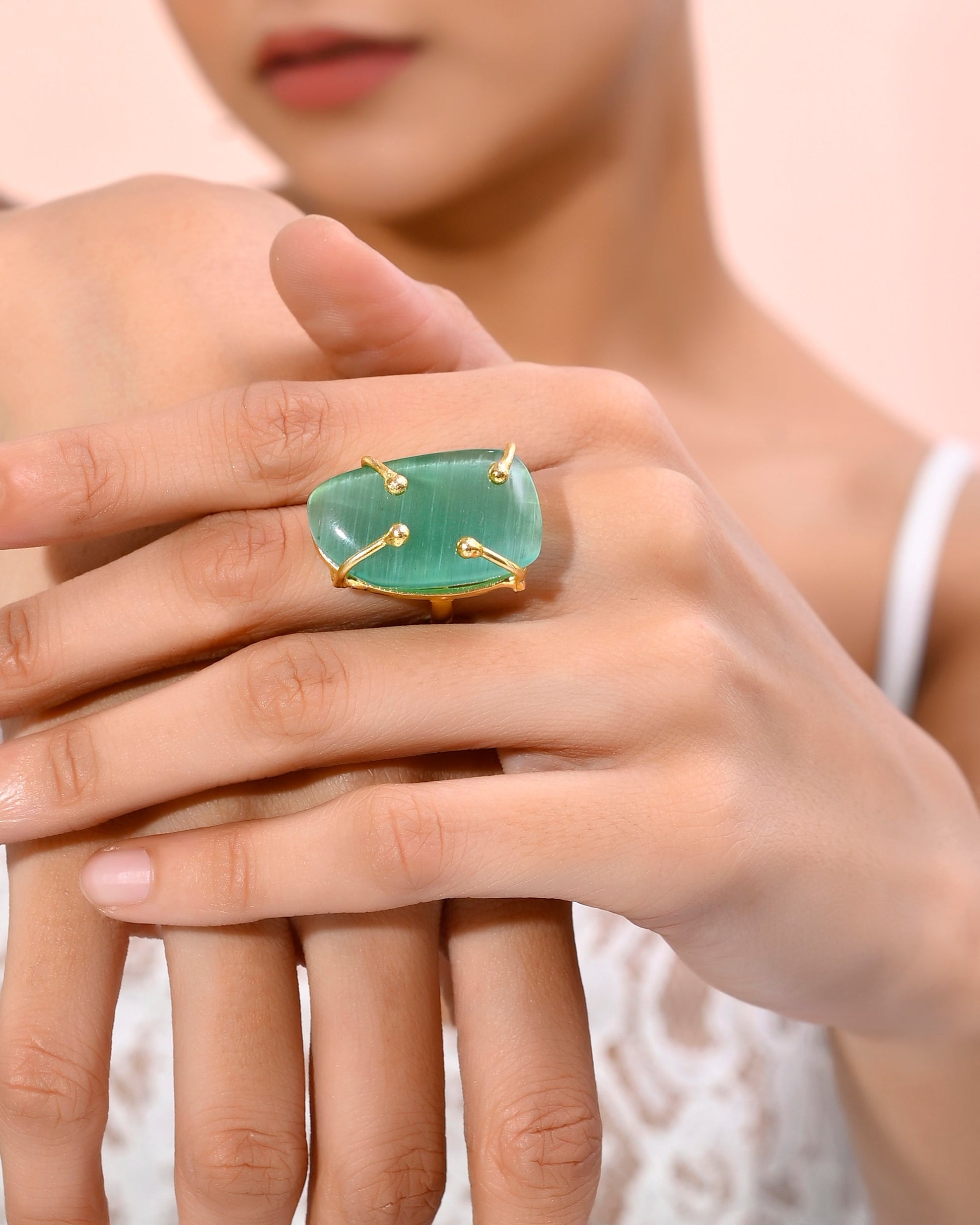 VOJ Gold-Polished Big Green Stone Studded Ring 