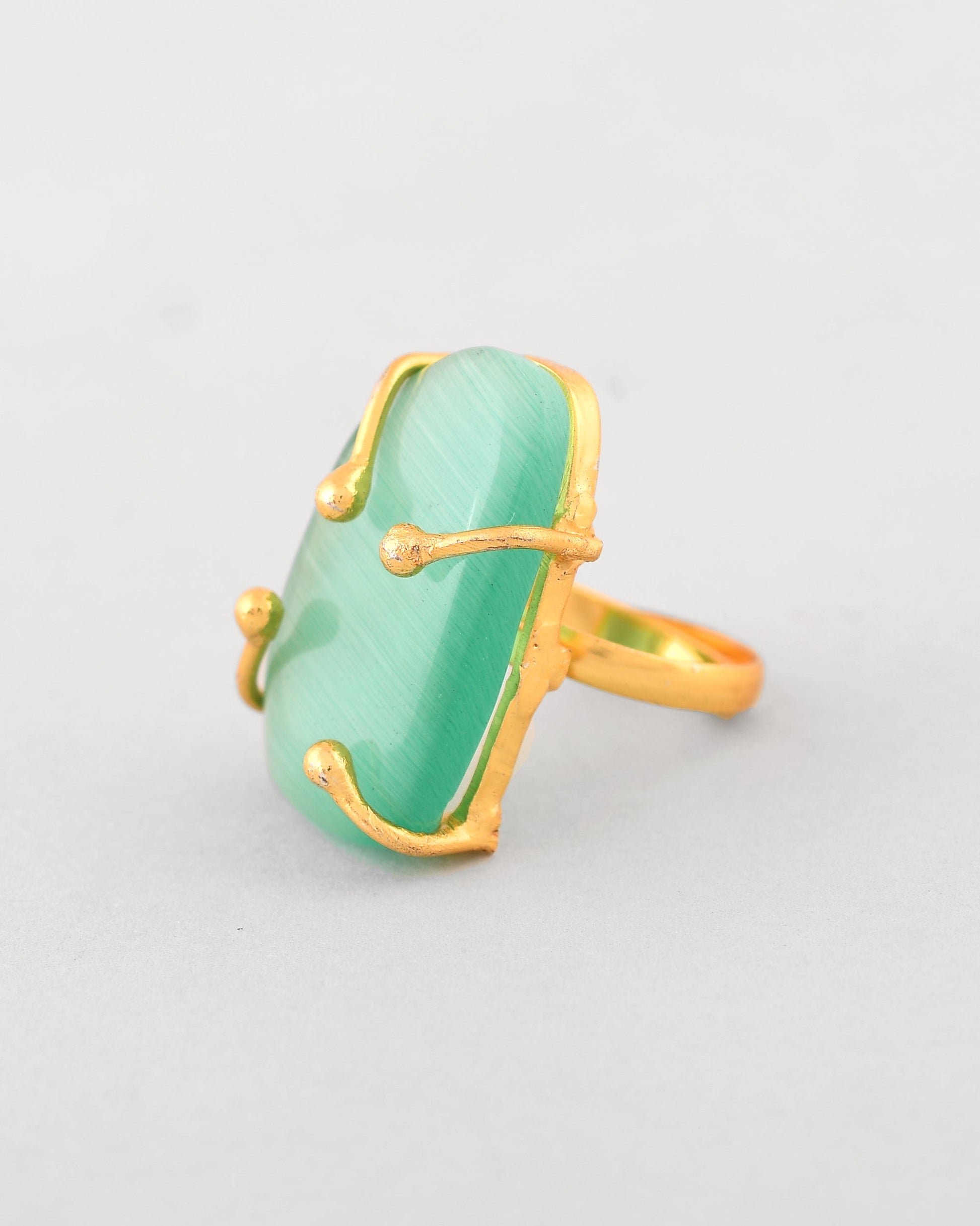 VOJ Gold-Polished Big Green Stone Studded Ring 